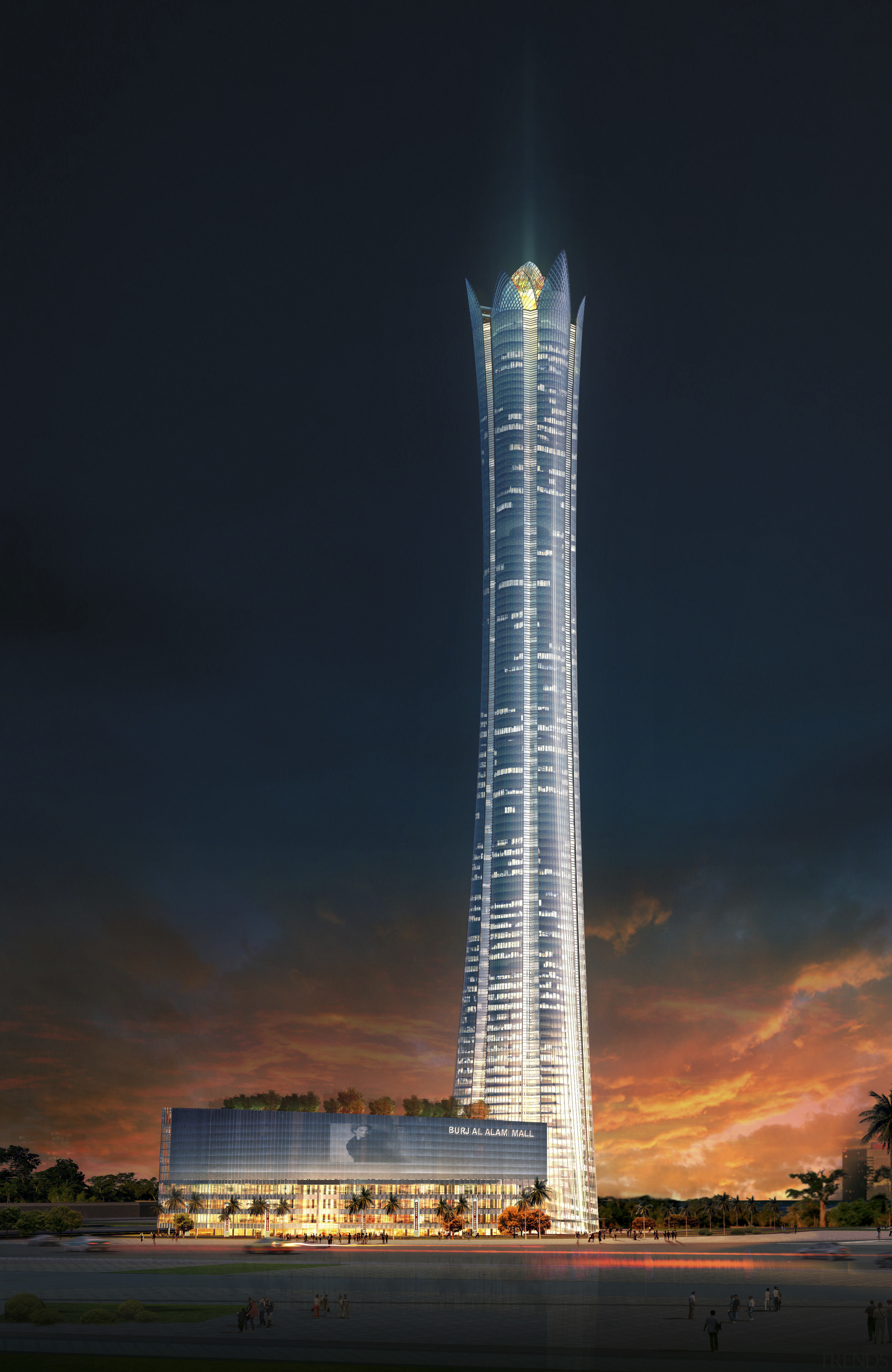 Conceptual view of the exterior of the Burj building, cityscape, daytime, dusk, landmark, metropolis, metropolitan area, night, sky, skyscraper, tower, tower block, black