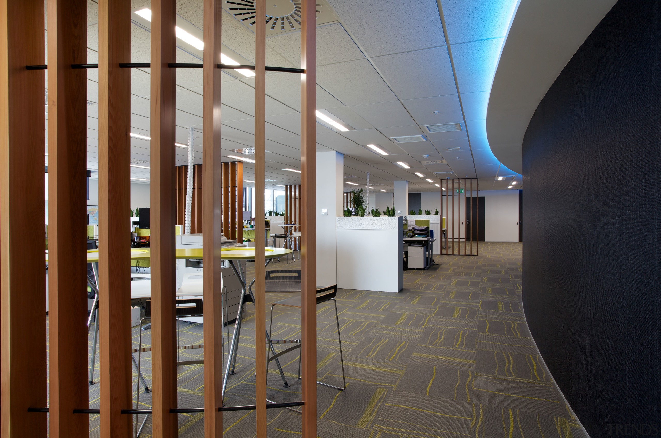 Cedar screens help to separate workstations in the architecture, ceiling, daylighting, floor, flooring, interior design, lobby, gray, brown