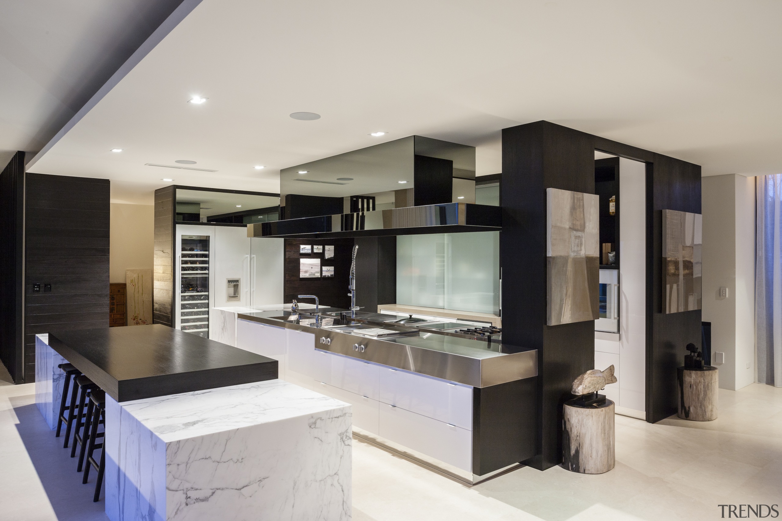 A dropped ceiling helps to define the kitchen countertop, interior design, kitchen, gray