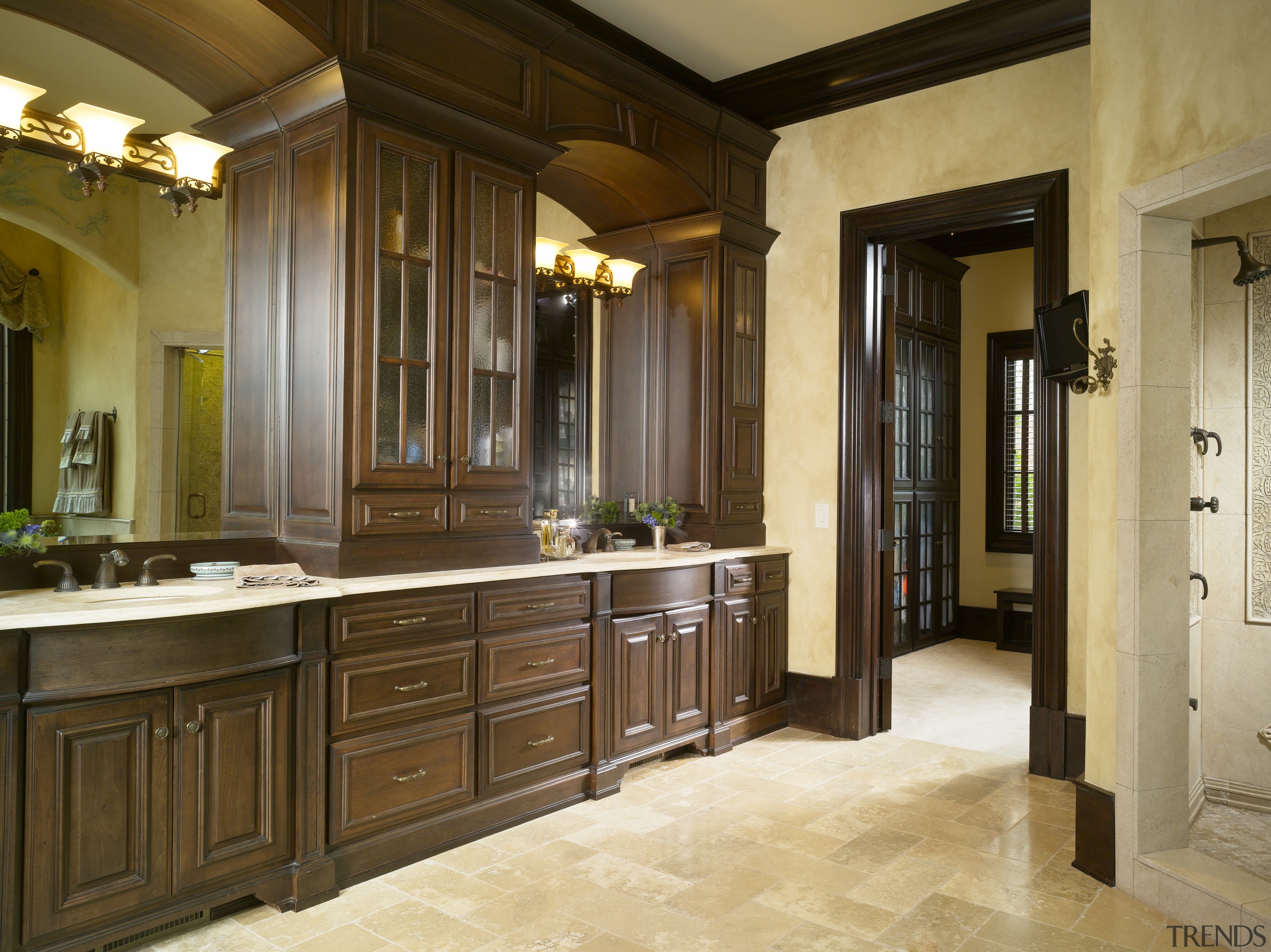 View of master bathroom which features stoned floor bathroom, cabinetry, countertop, cuisine classique, estate, interior design, kitchen, room, brown, orange