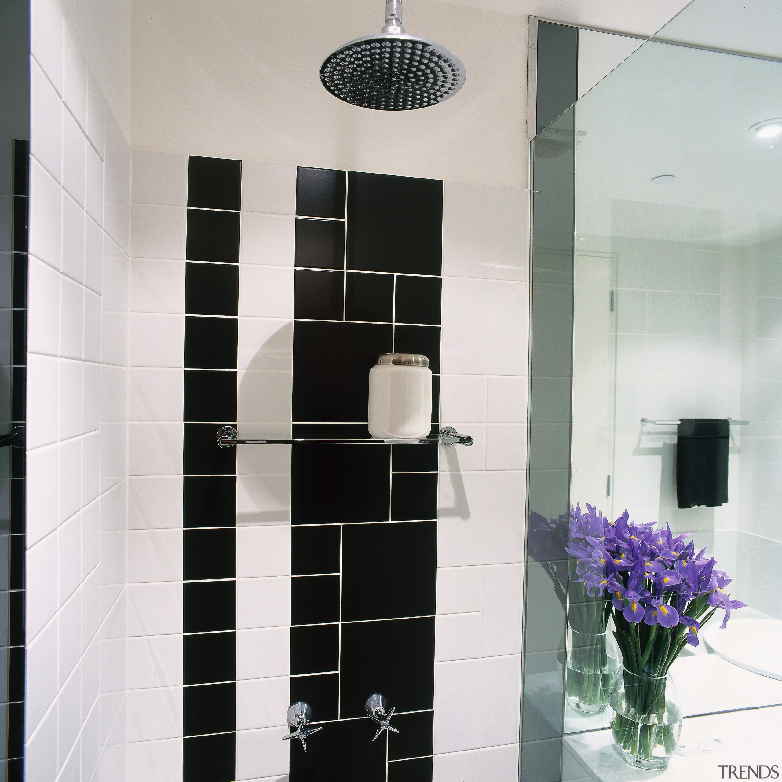 view of the stainless steel fittings and fixtures bathroom, flooring, glass, interior design, plumbing fixture, room, tile, white