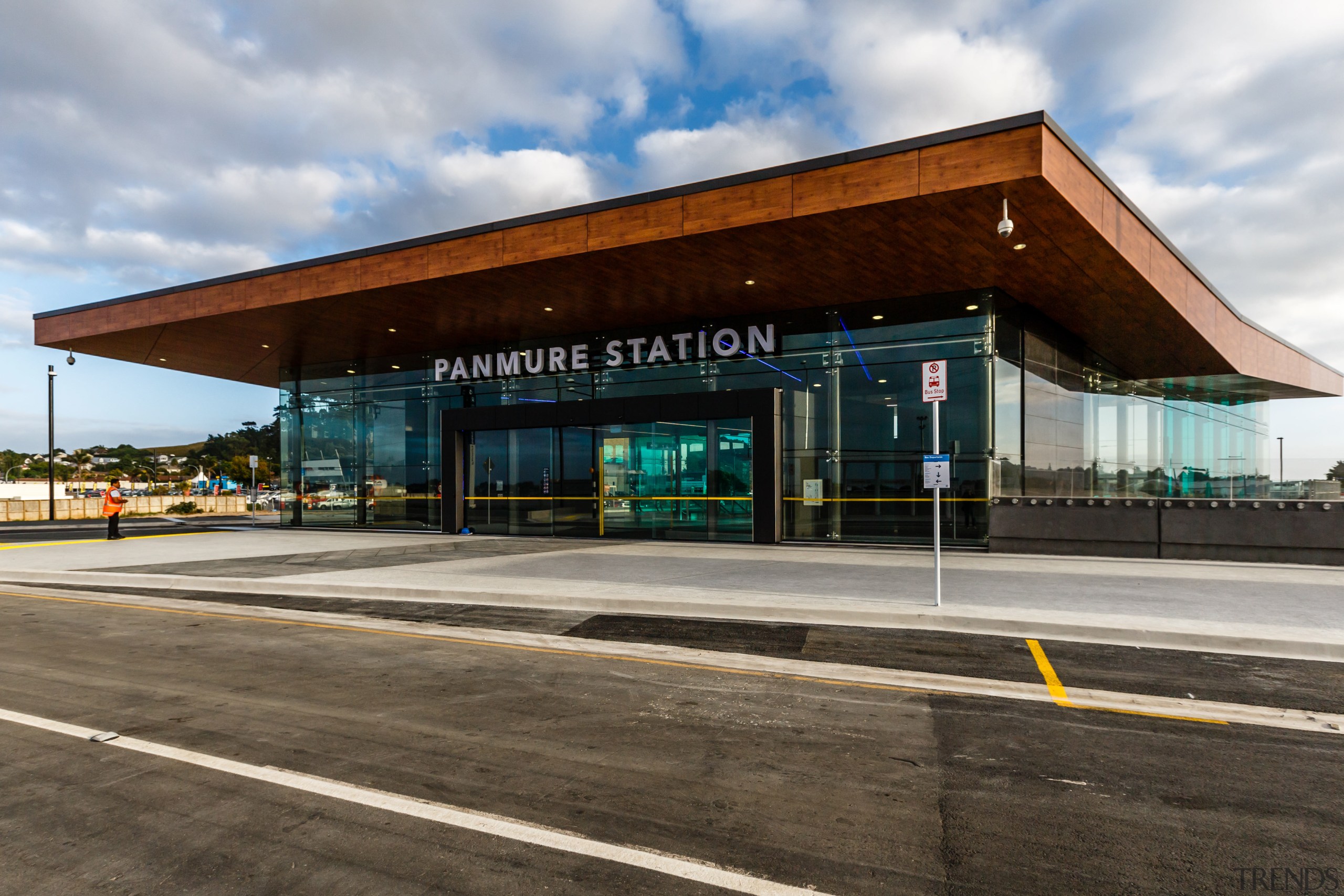 A substantial, timber-clad gullwing roof appears to float architecture, building, gray