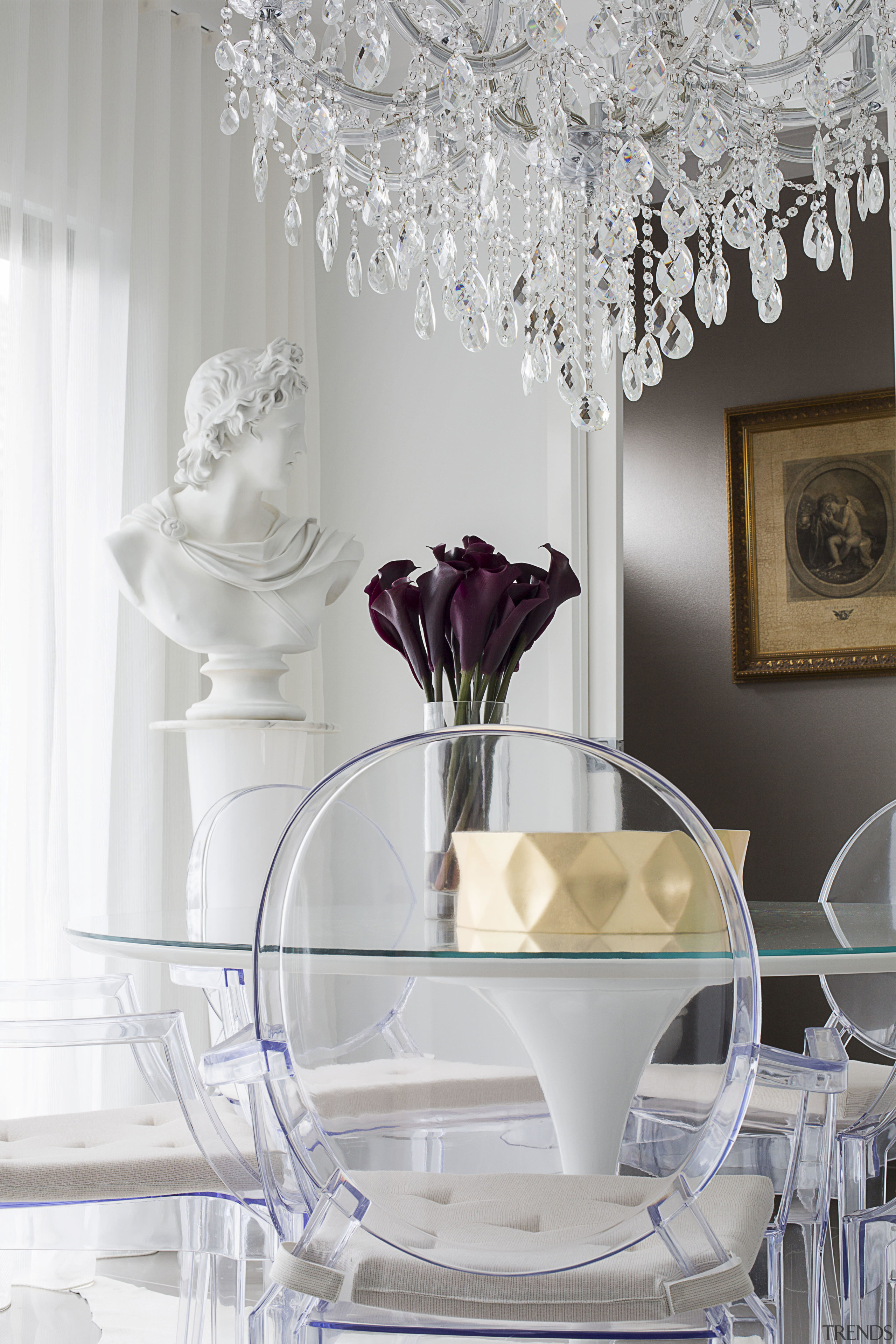 This classic-meets-modern interior is by Massimo Speroni ceiling, centrepiece, dining room, floral design, floristry, flower, flower arranging, furniture, home, interior design, light fixture, lighting accessory, living room, purple, room, table, tap, vase, window, white, gray