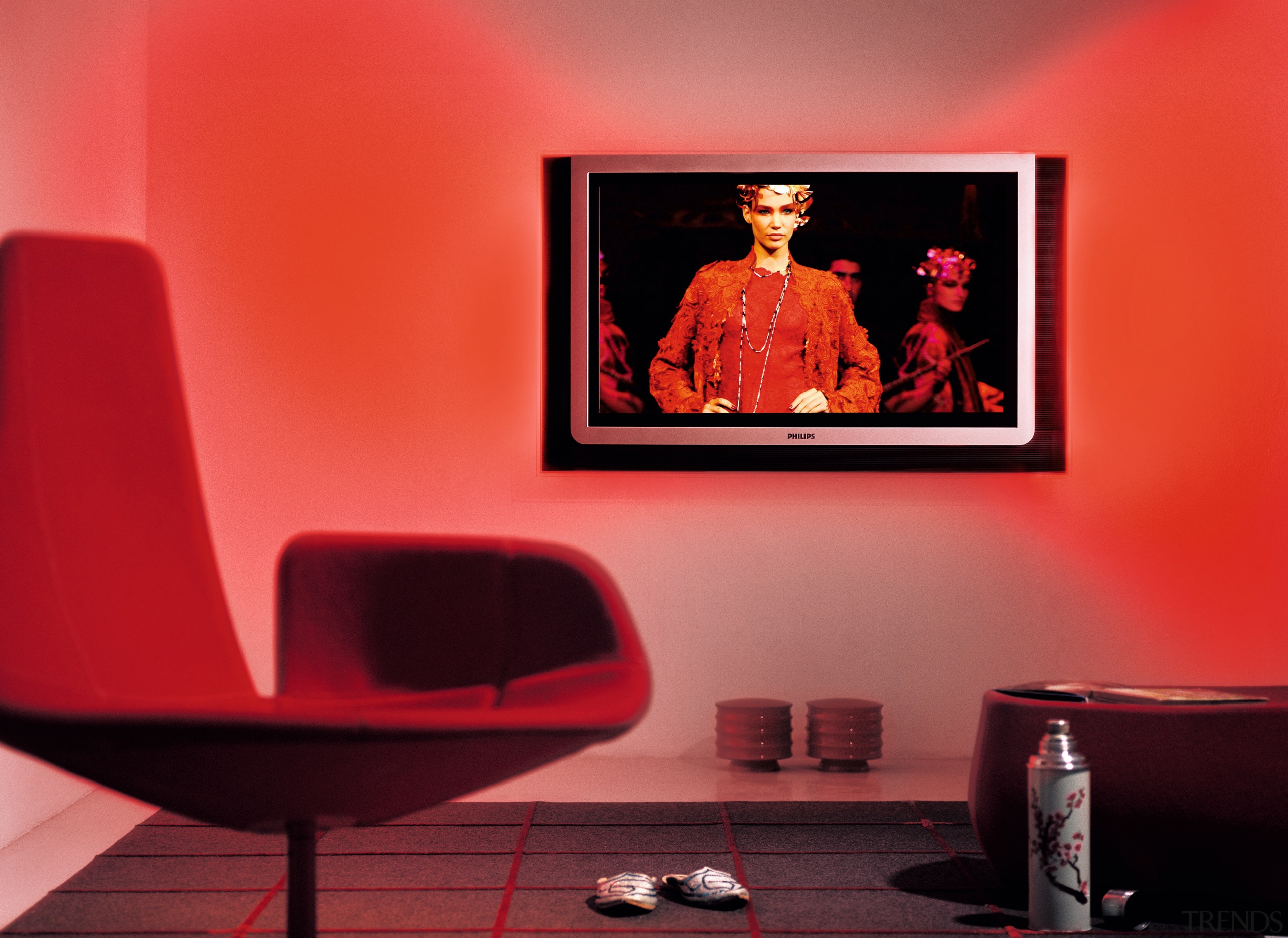 view of the flatscreen tv - view of furniture, interior design, red, room, table, red