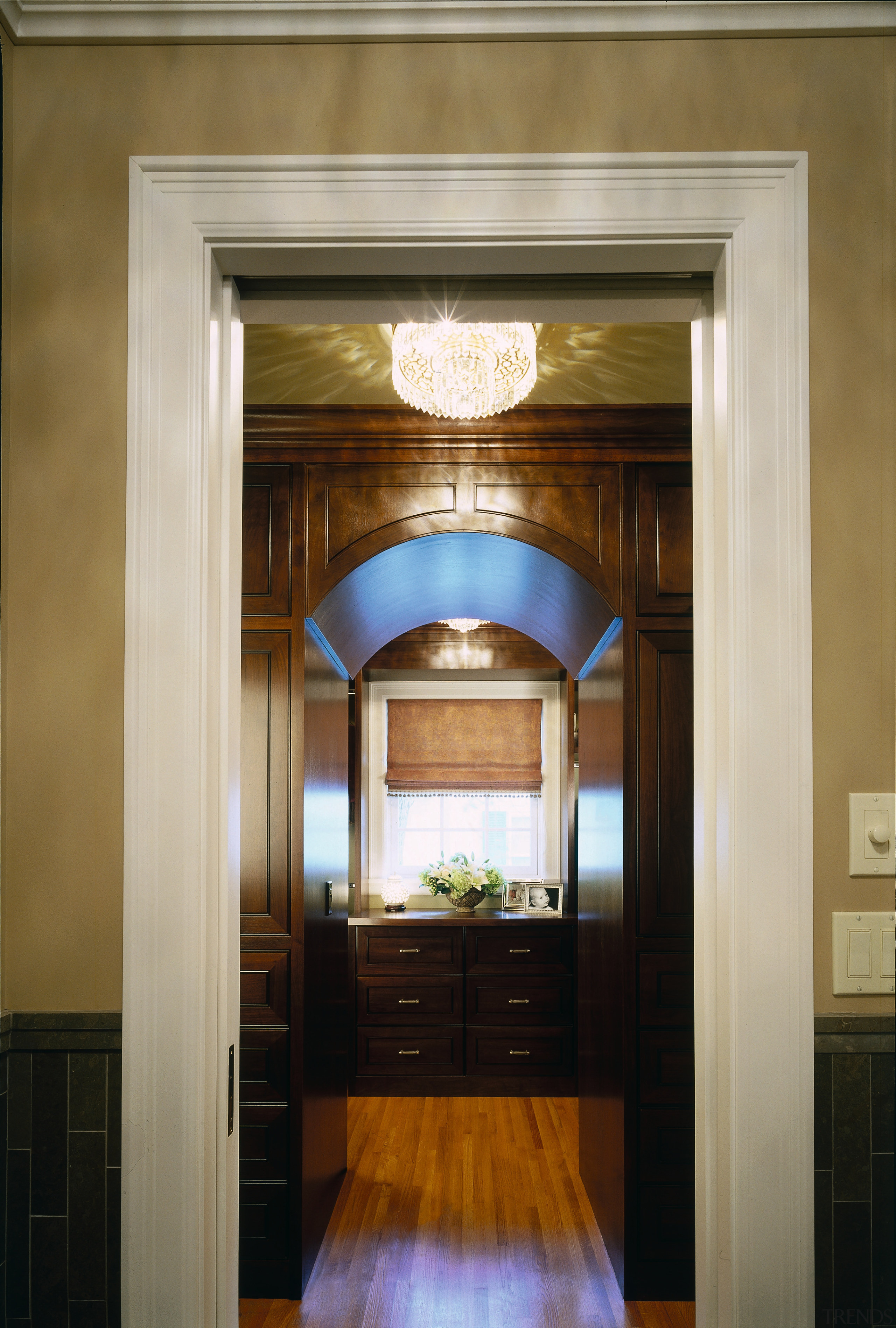 A view of the bathroom. - A view architecture, ceiling, door, home, interior design, lobby, wall, window, brown, gray