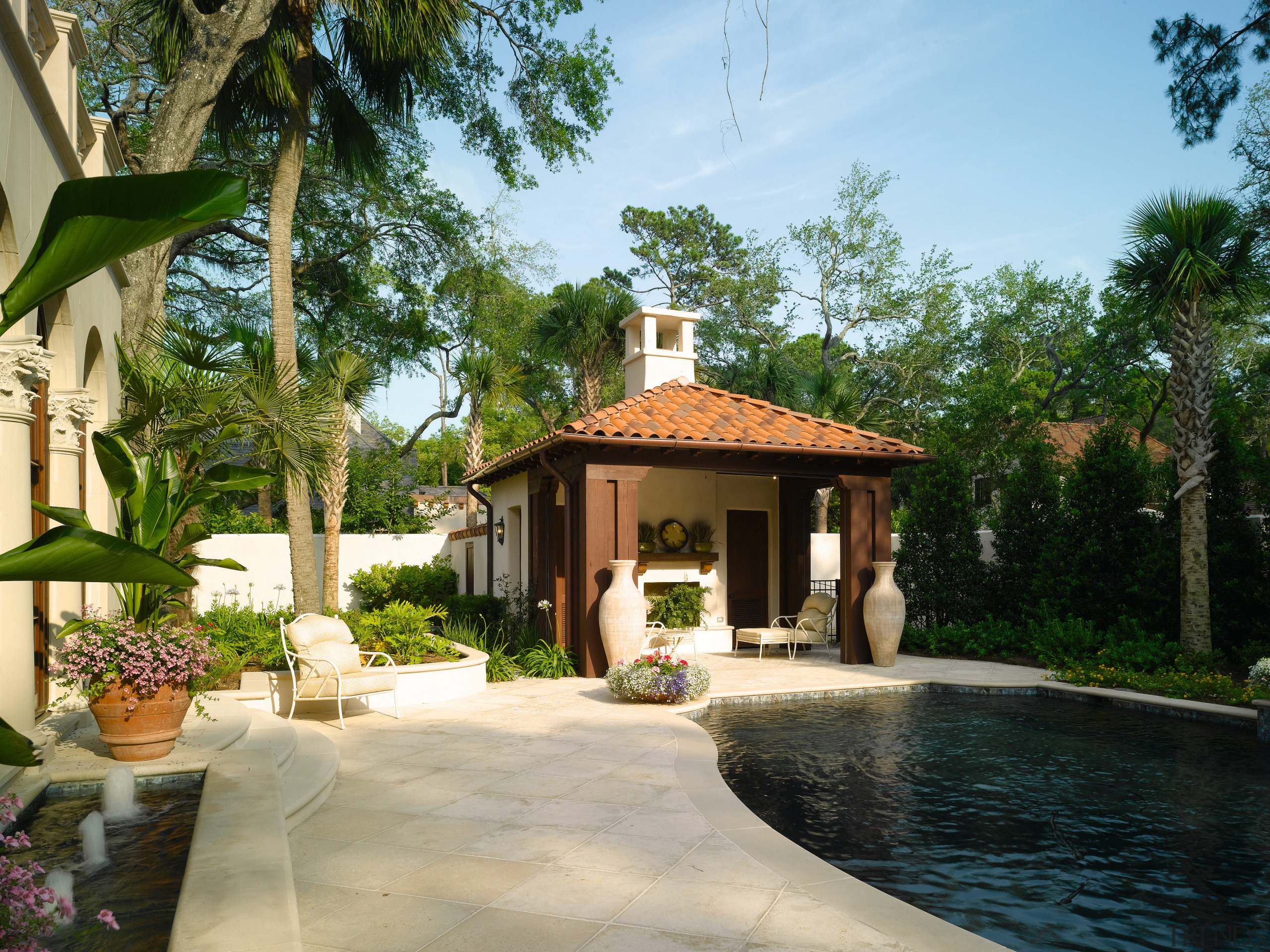 View of the cabana, water feature and pool arecales, cottage, estate, hacienda, home, house, mansion, outdoor structure, palm tree, property, real estate, resort, tree, villa, brown