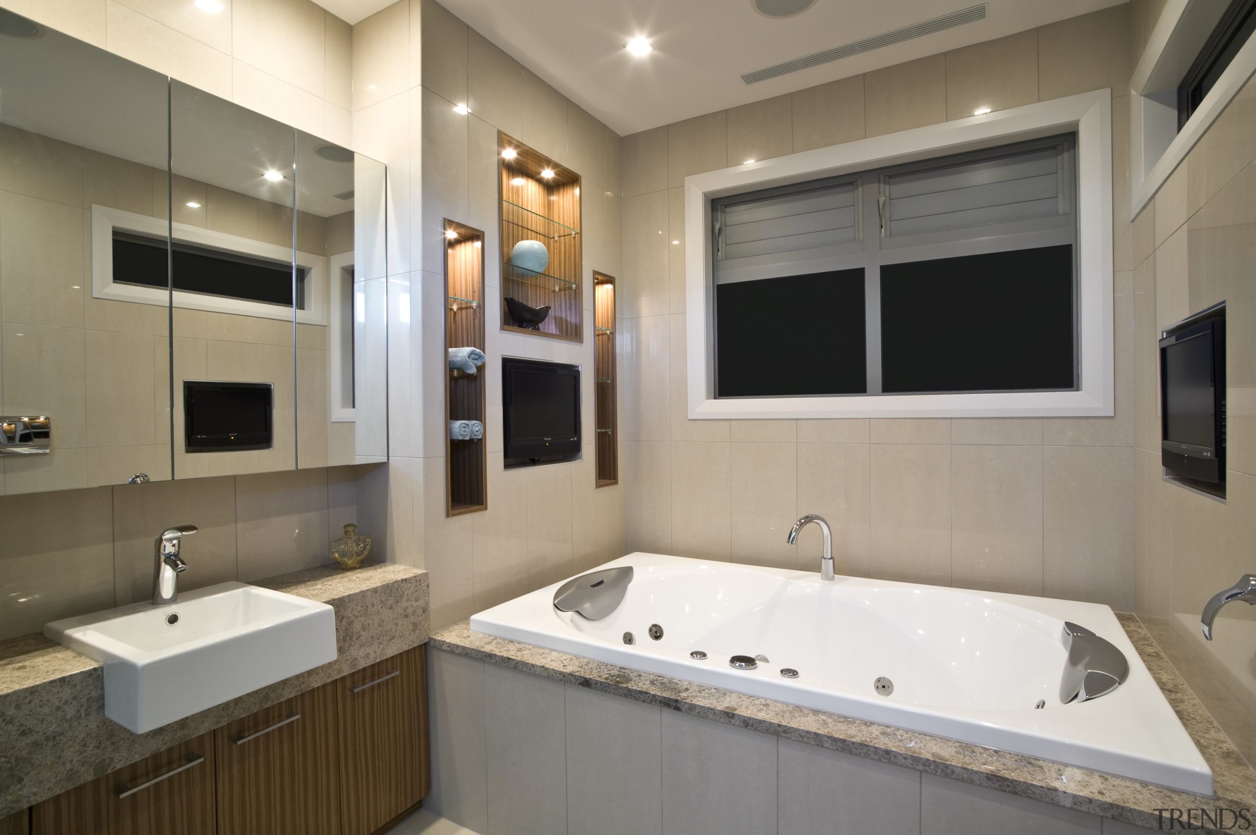 Image of a new bathroom which features several bathroom, home, interior design, room, sink, gray, brown
