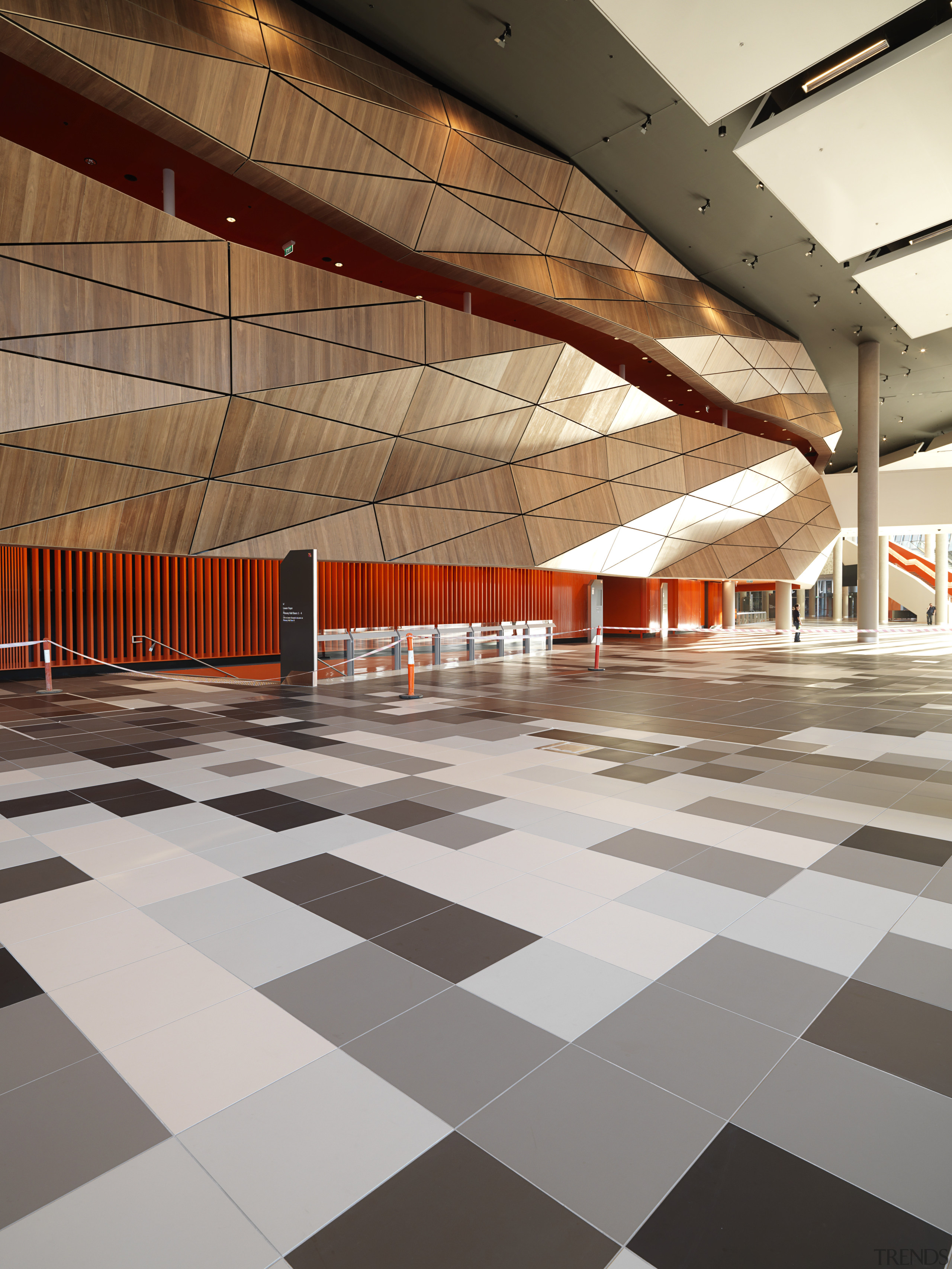 interior view of the foyer of the Melbourne architecture, ceiling, daylighting, design, floor, flooring, interior design, line, structure, tile, wood, gray, brown