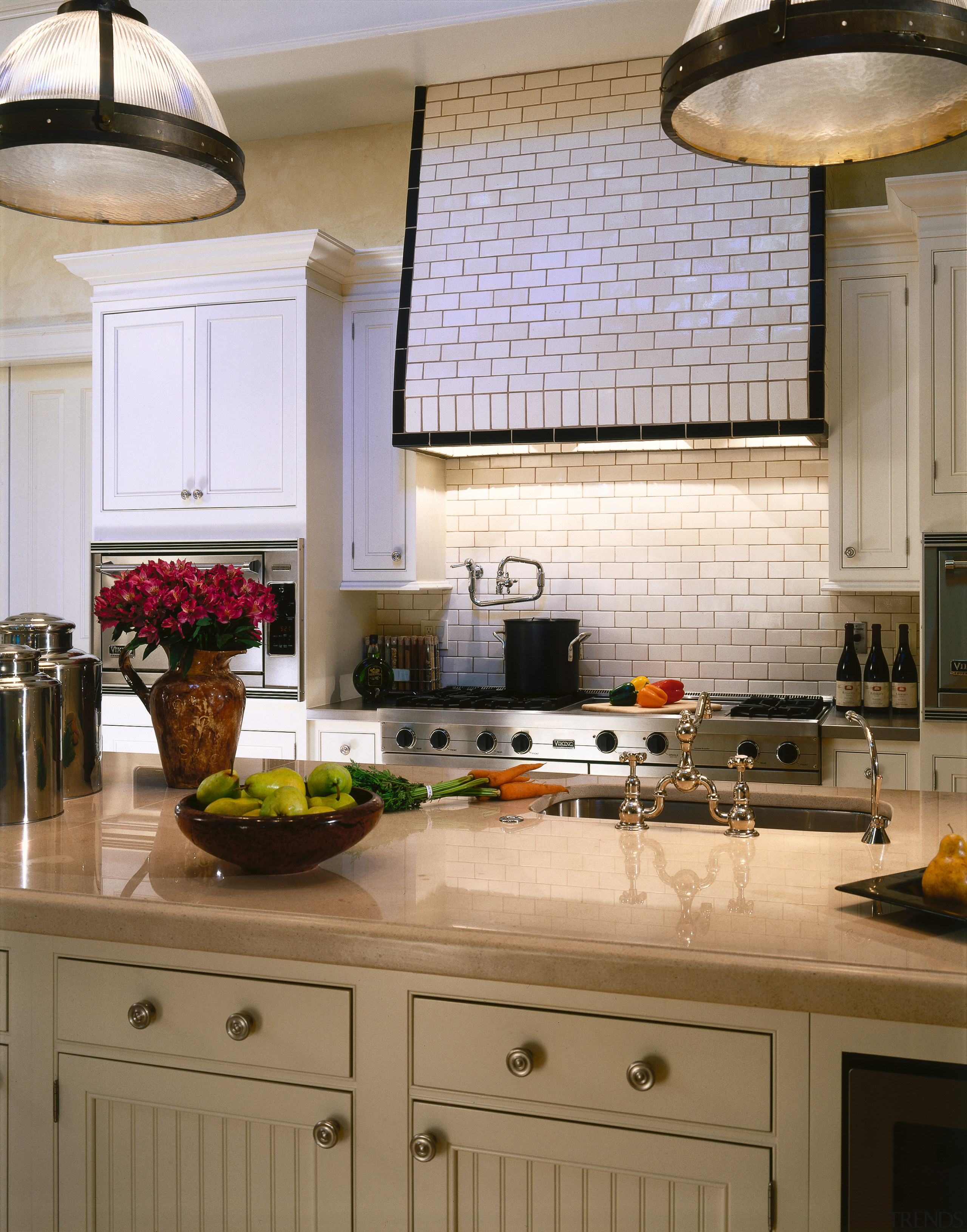 View of the kitchen, white cabinetry, limestone benchtop, cabinetry, countertop, cuisine classique, home, interior design, kitchen, room, under cabinet lighting, window, gray, brown