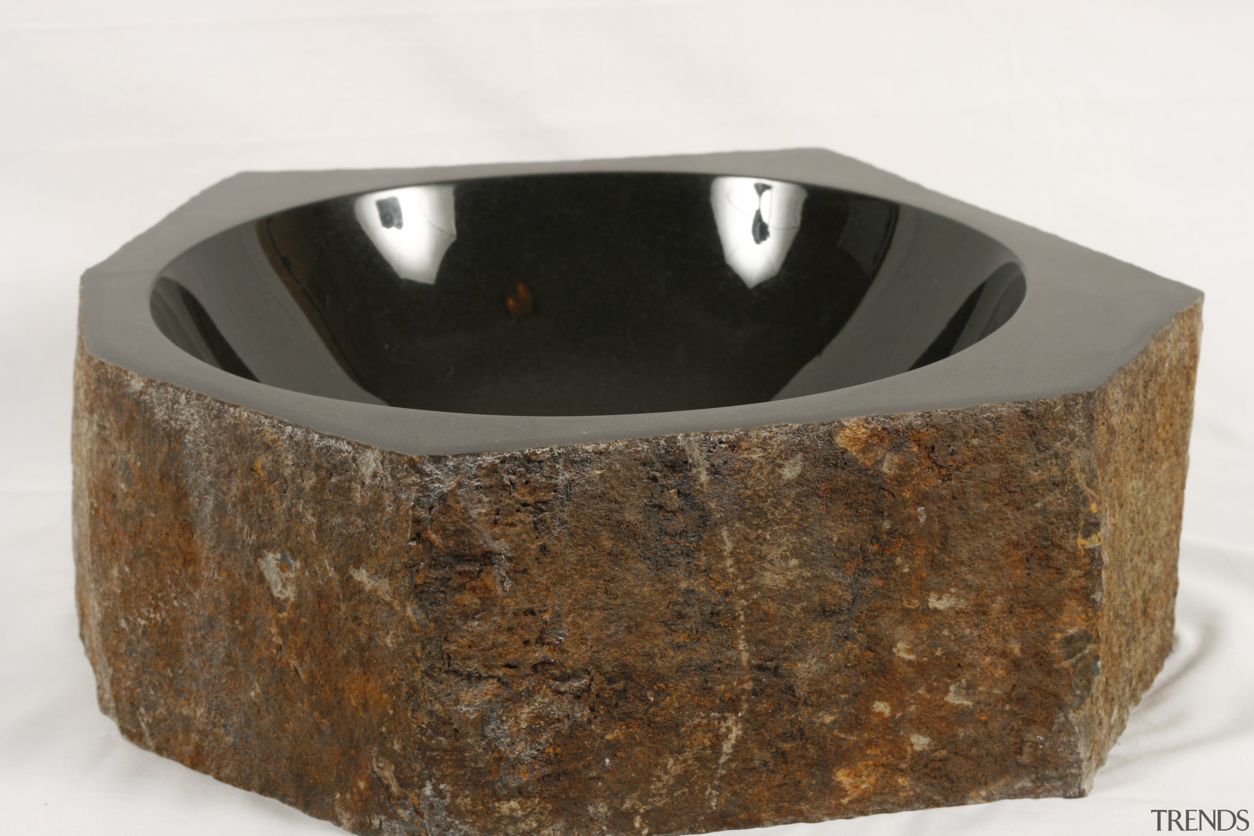 View of custom-designed stone vessel sinks crafted from bathroom sink, plumbing fixture, product design, sink, white, brown