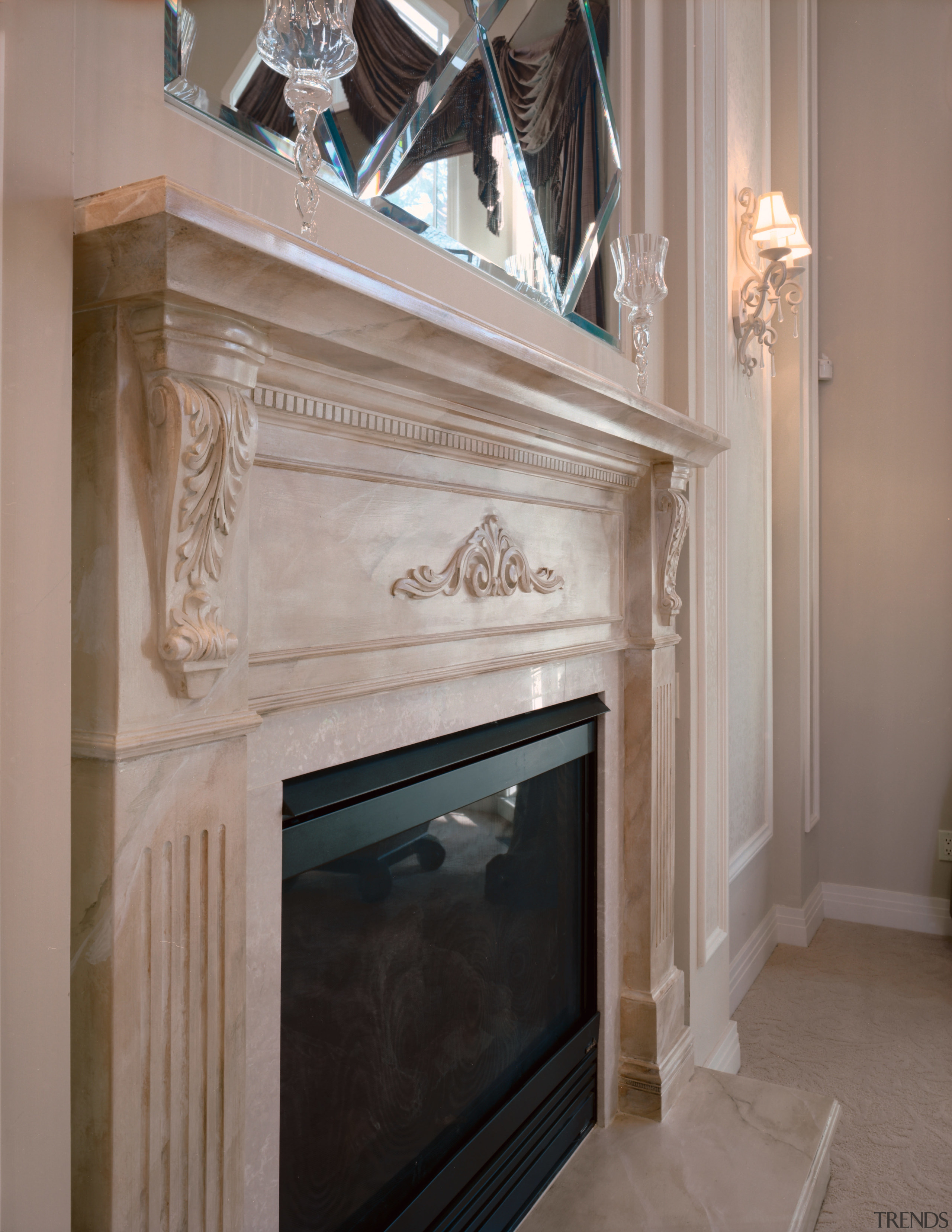 Fireplace with marble mantel and surround. - Fireplace fireplace, furniture, hearth, molding, gray