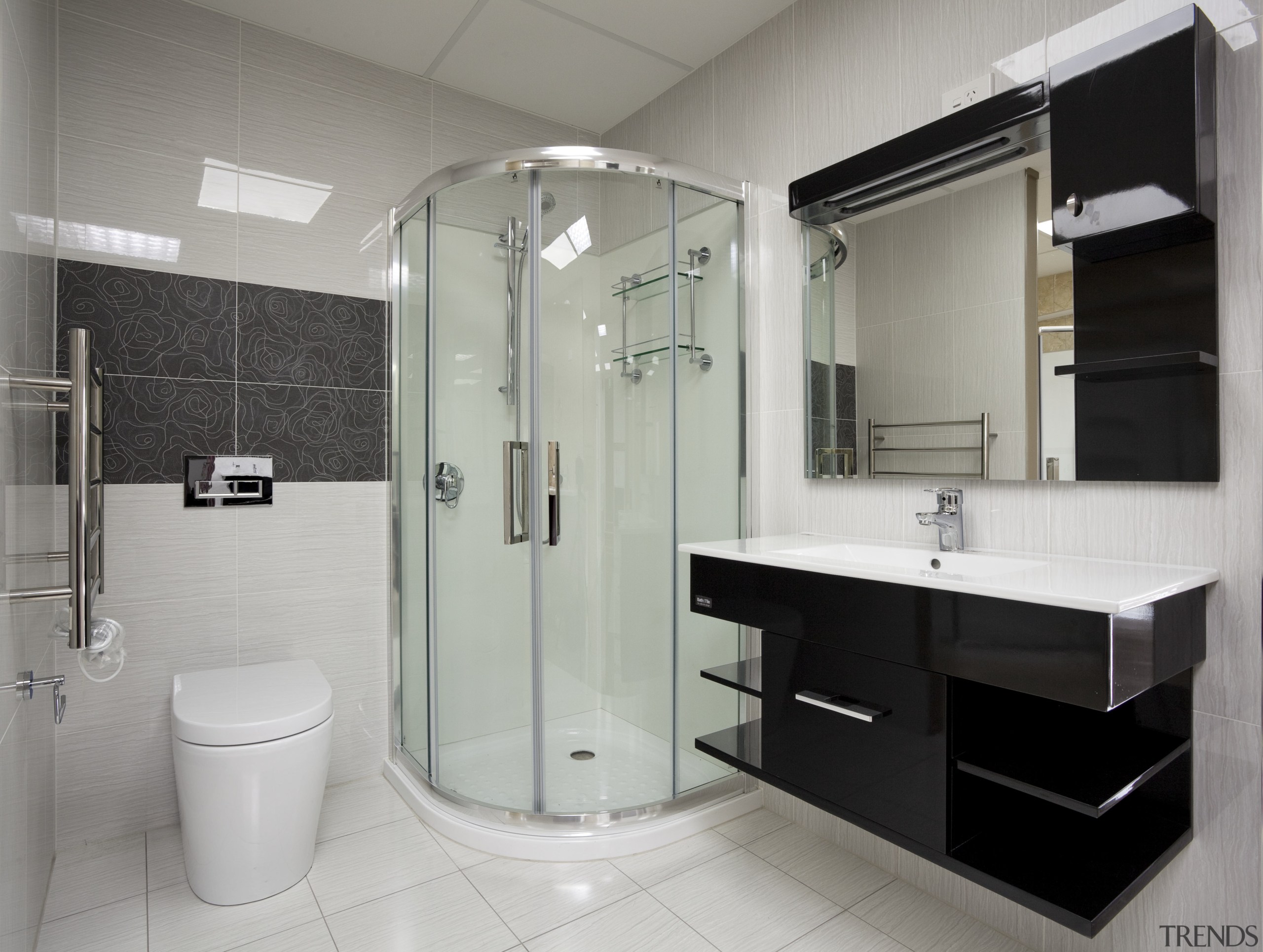 Bathroom with black vanity and white top, white bathroom, bathroom accessory, interior design, plumbing fixture, product design, room, gray