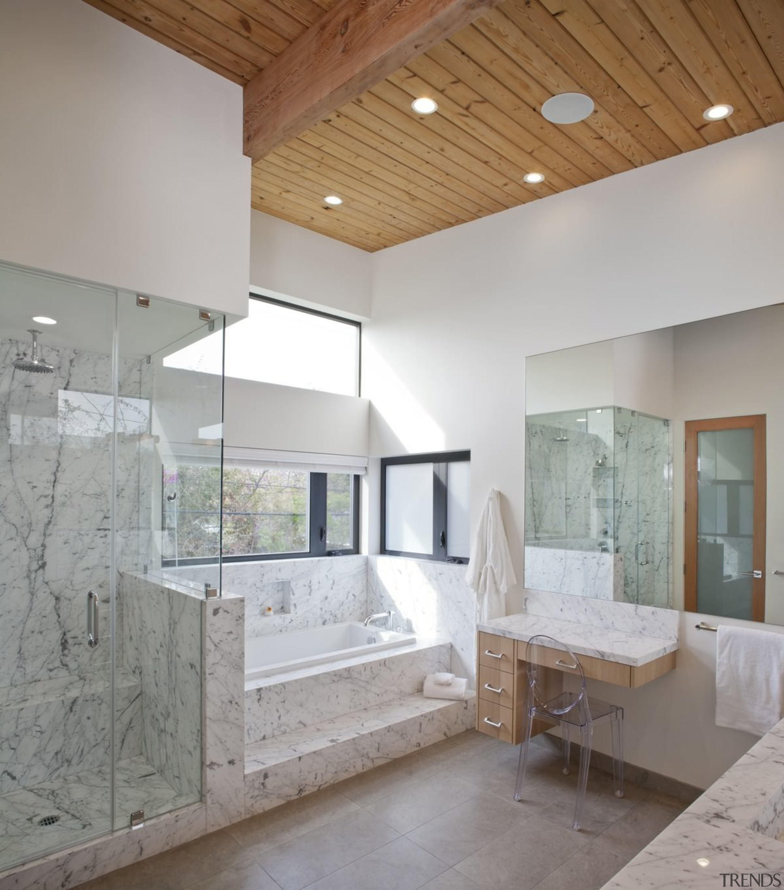 The wood ceilings carry through to the bathroom architecture, bathroom, ceiling, daylighting, estate, floor, flooring, home, house, interior design, room, tile, gray