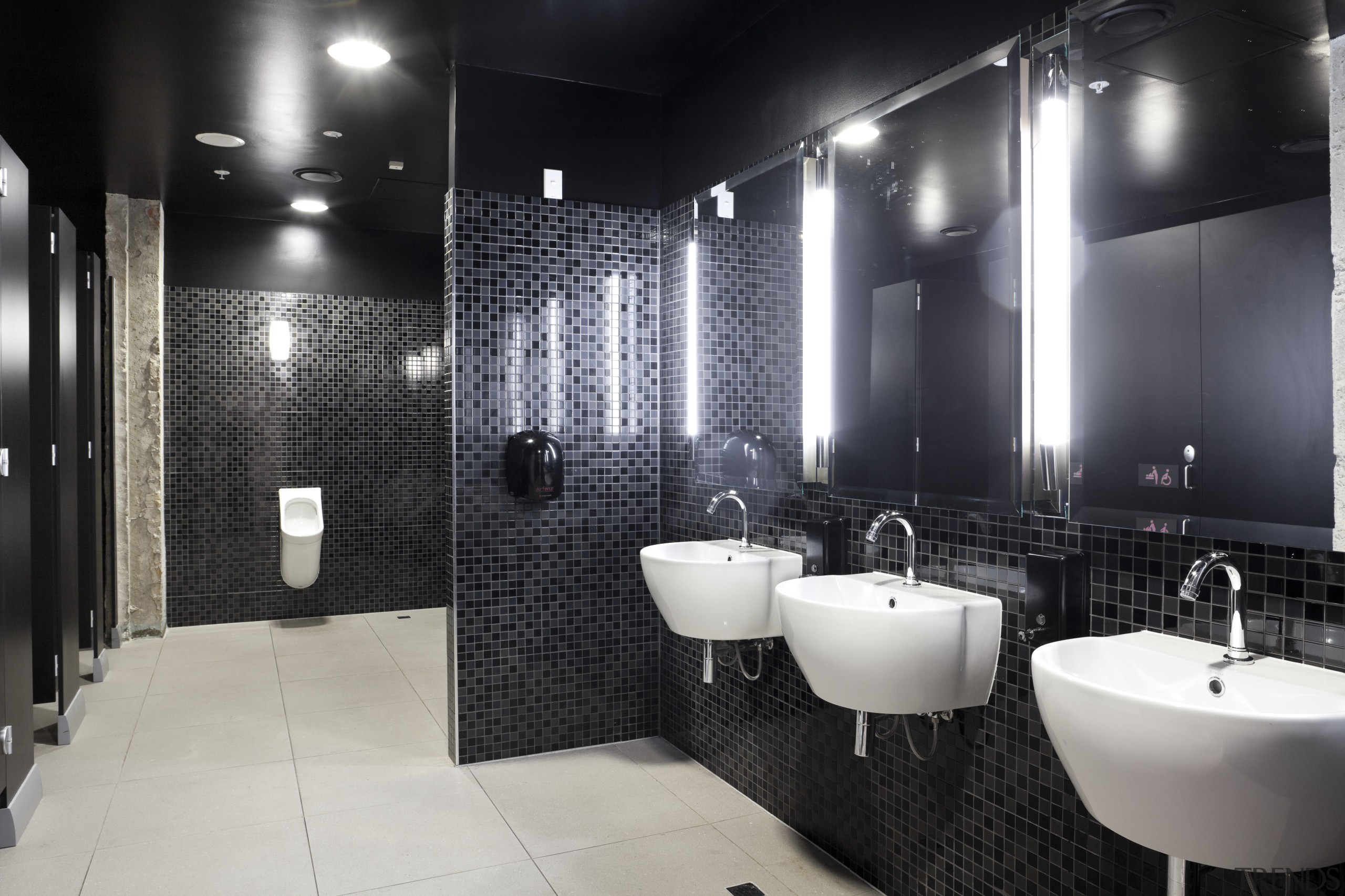 Merquip designed the electronic touch-free tap-ware for this bathroom, ceiling, floor, flooring, interior design, plumbing fixture, public toilet, room, tile, toilet, black, gray