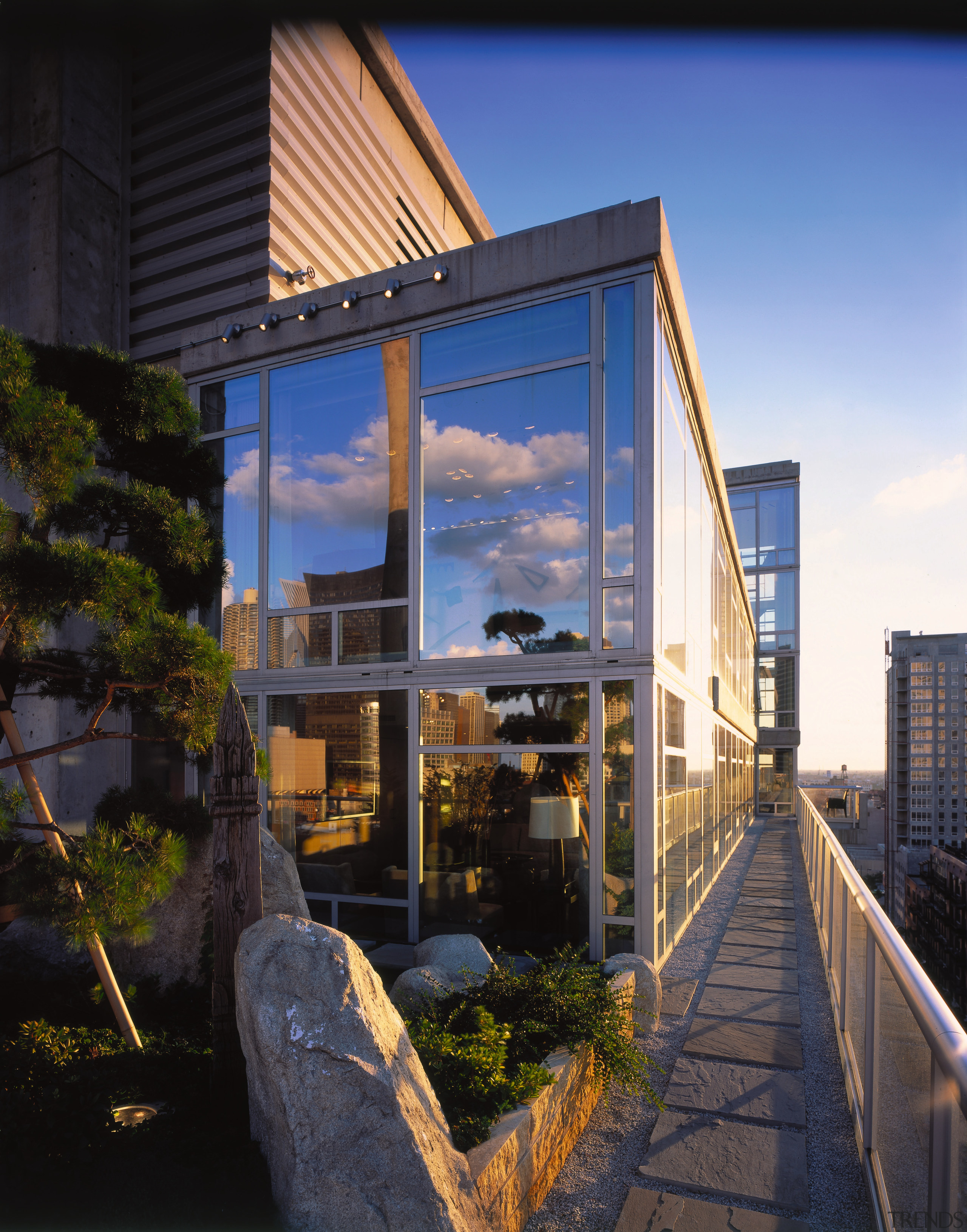 An exterior vie wof the home, large glass architecture, building, facade, home, house, real estate, reflection, residential area, sky, window, black