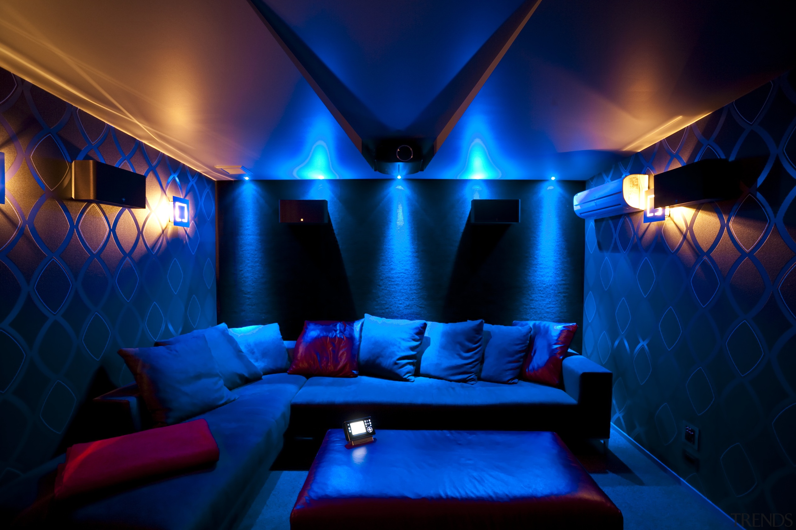 view of home audio and visual control by blue, entertainment, interior design, light, lighting, purple, blue