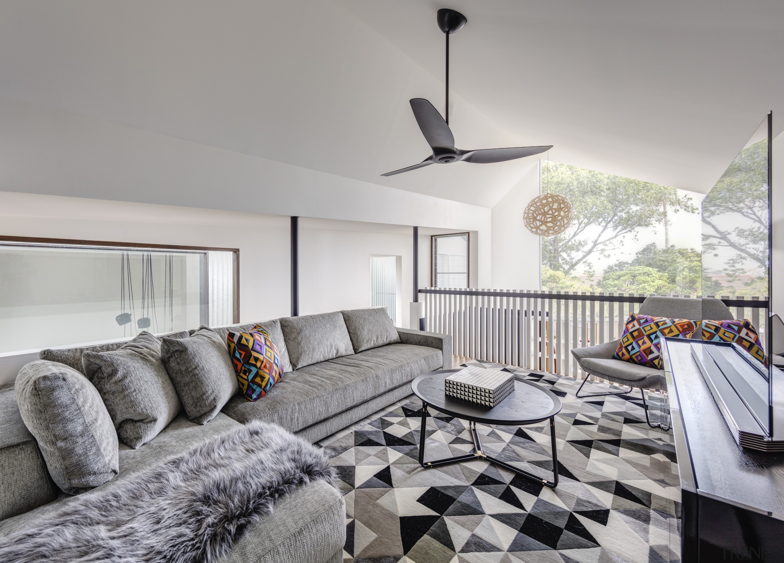 ​​​​​​​This first floor space in the children’s wing architecture, home, house, black-and-white, coffee table, couch, design, floor, flooring, furniture, interior design, living room, CplusC Architectural Workshop