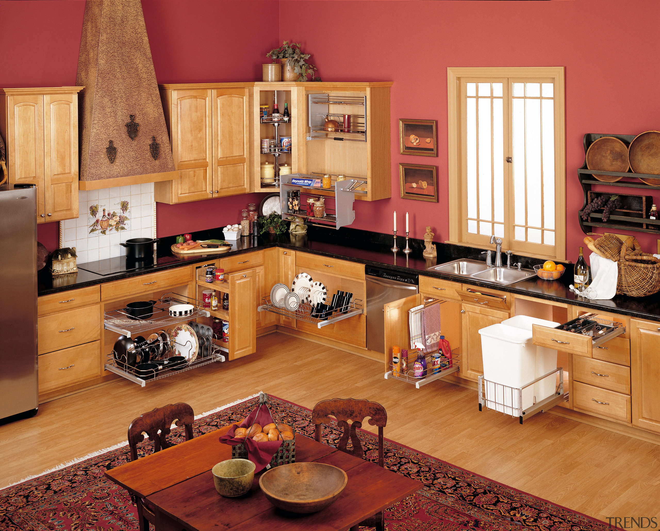 View of the kitchen &amp; its cabinet accessories cabinetry, countertop, cuisine classique, furniture, interior design, kitchen, living room, room, wood, orange, red