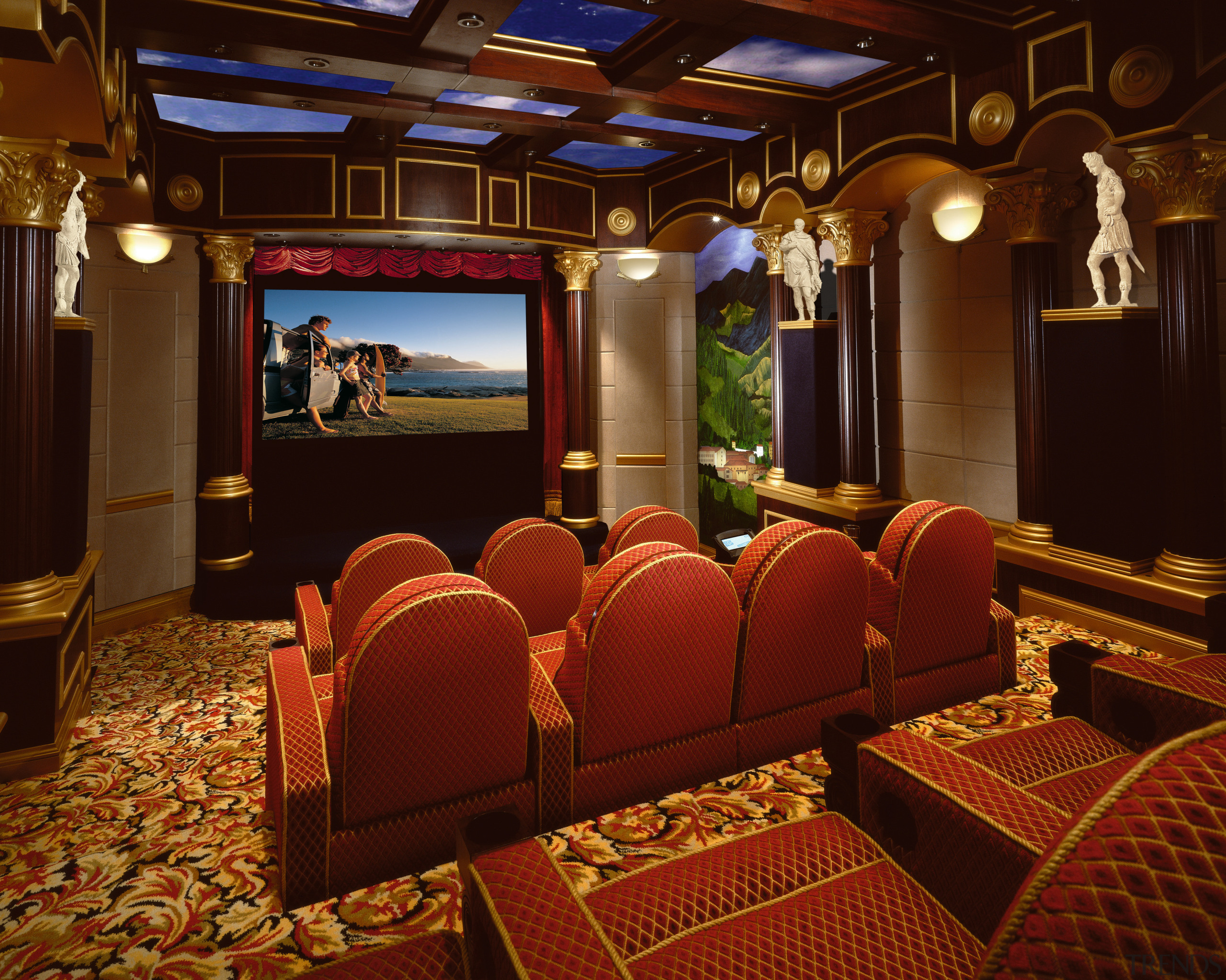 view of this custom home theatre built by auditorium, entertainment, function hall, interior design, room, theatre, red, brown