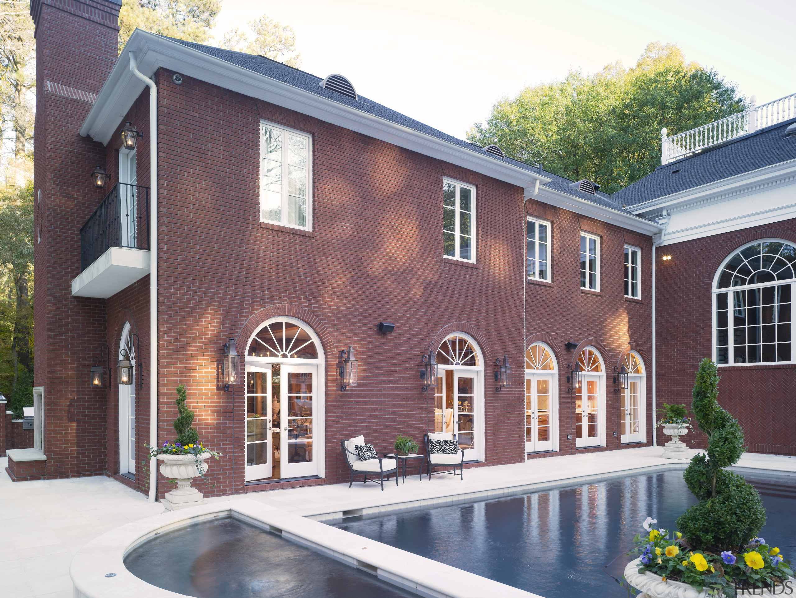 View of classical home &amp; kitchen - View elevation, estate, facade, home, house, property, real estate, roof, siding, window, red, white