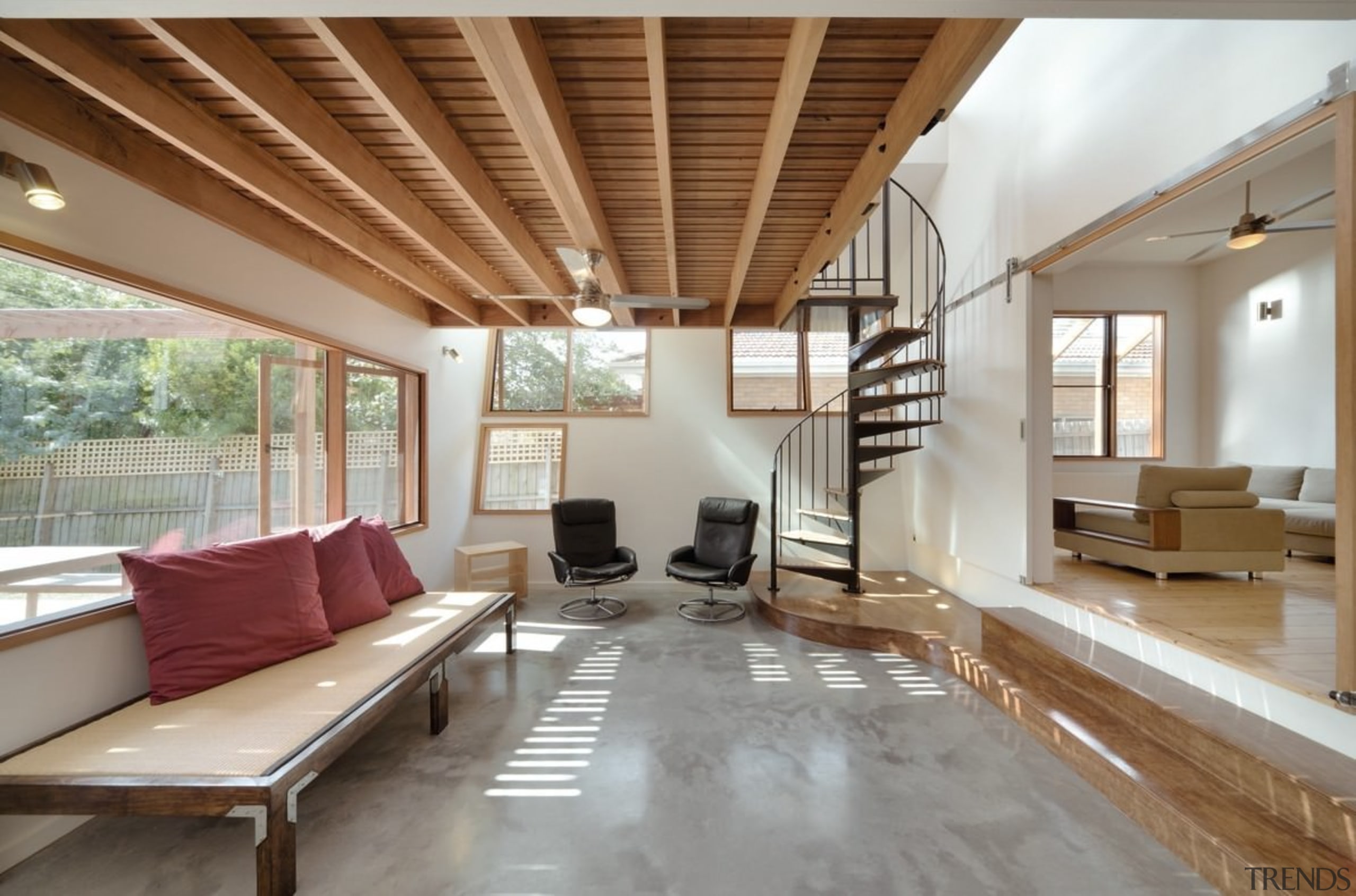 Another view of the living area - Another ceiling, daylighting, floor, flooring, house, interior design, living room, property, real estate, gray, brown