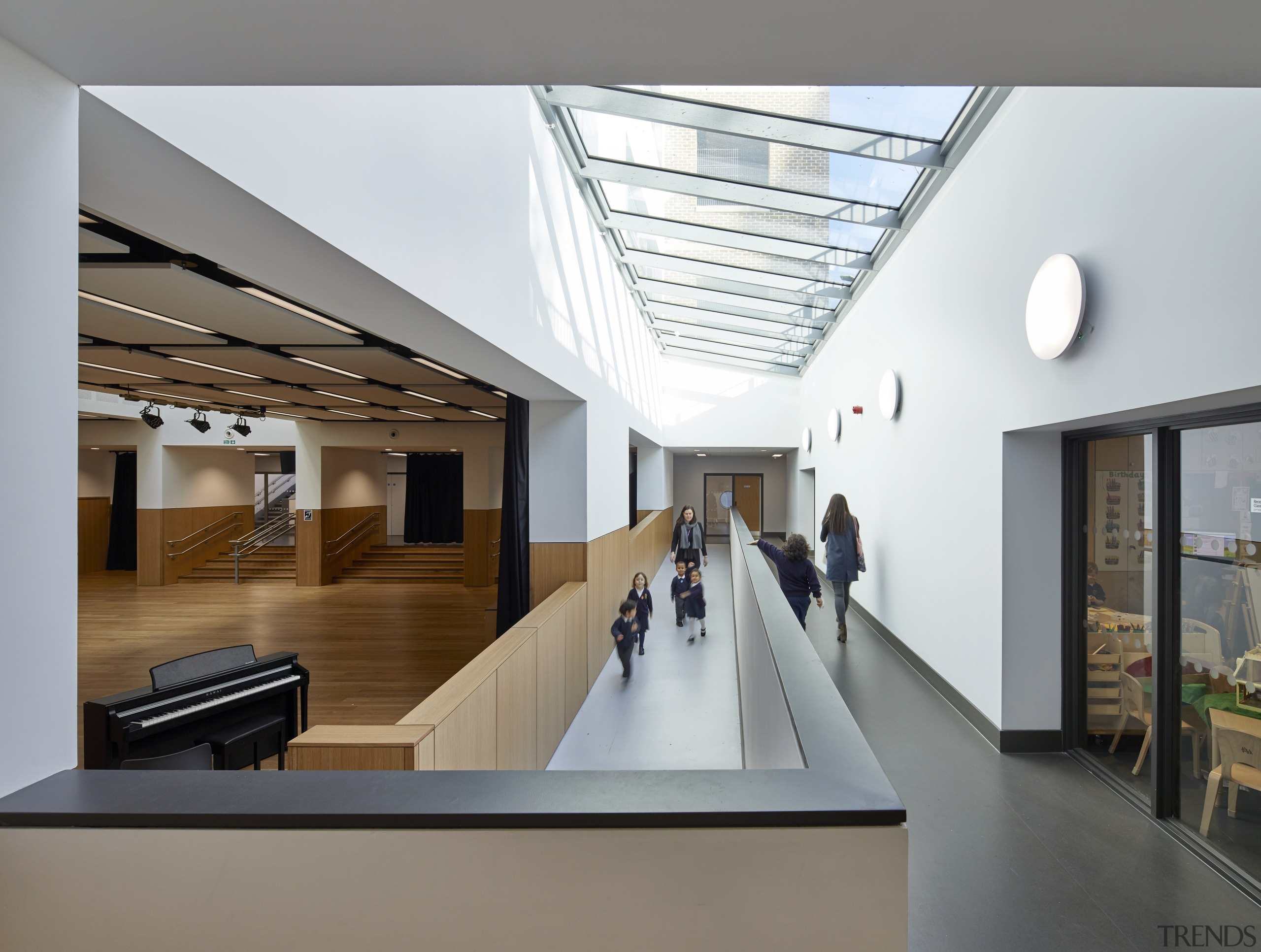 A shallow ramp leads down to the communal architecture, ceiling, daylighting, house, interior design, real estate, gray, white