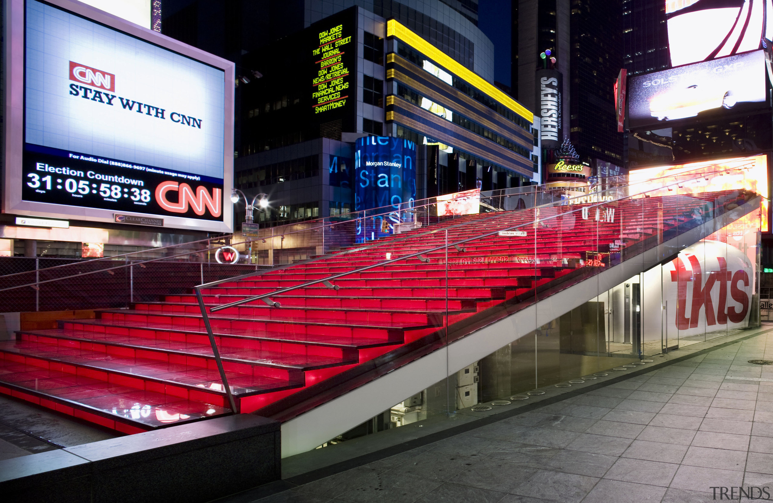 View of the new TKTS ticketing booth in advertising, city, metropolitan area, night, structure