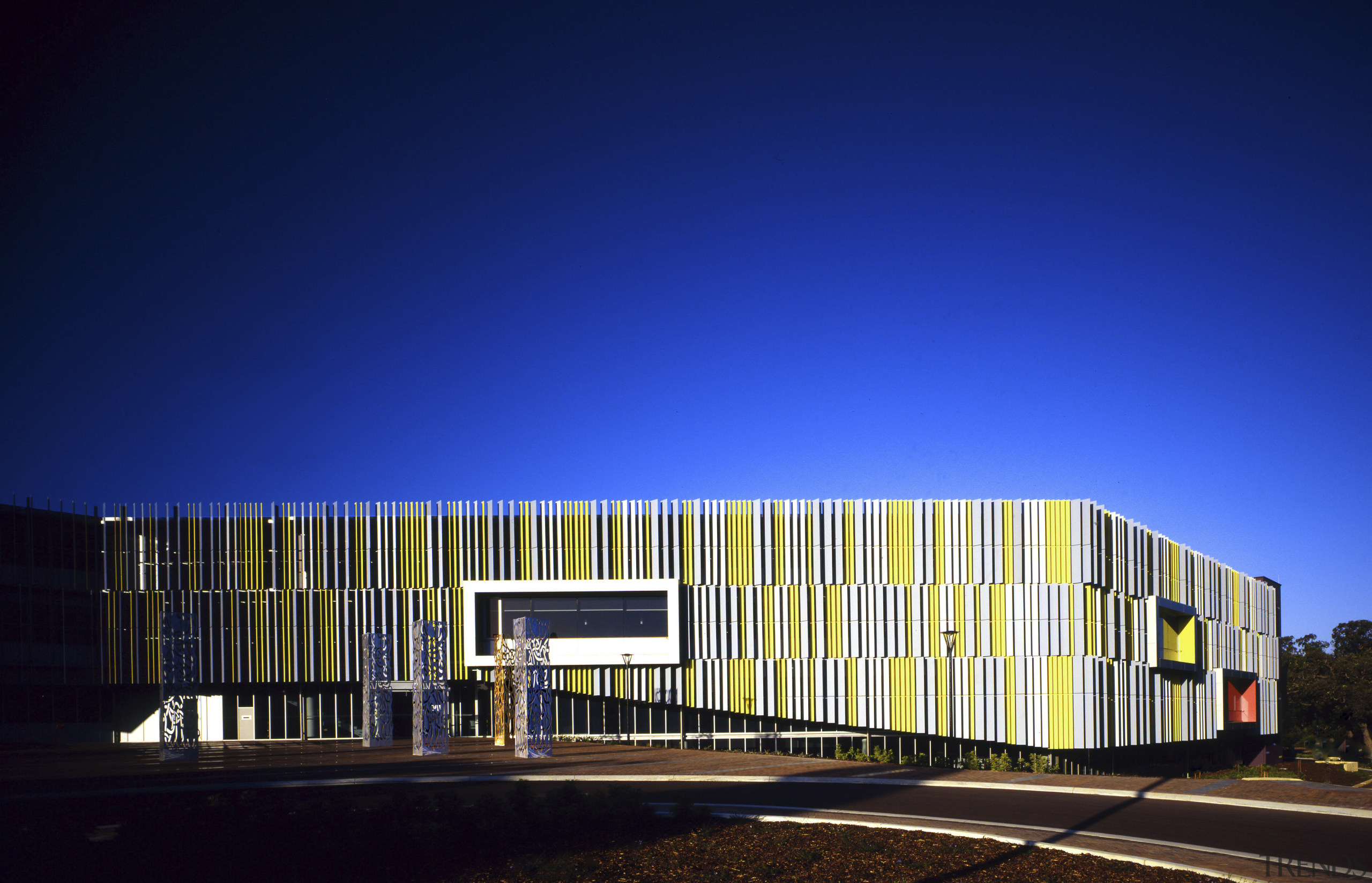 The coloured fins on the new library building architecture, building, commercial building, corporate headquarters, facade, headquarters, house, line, metropolitan area, mixed use, residential area, sky, structure, blue