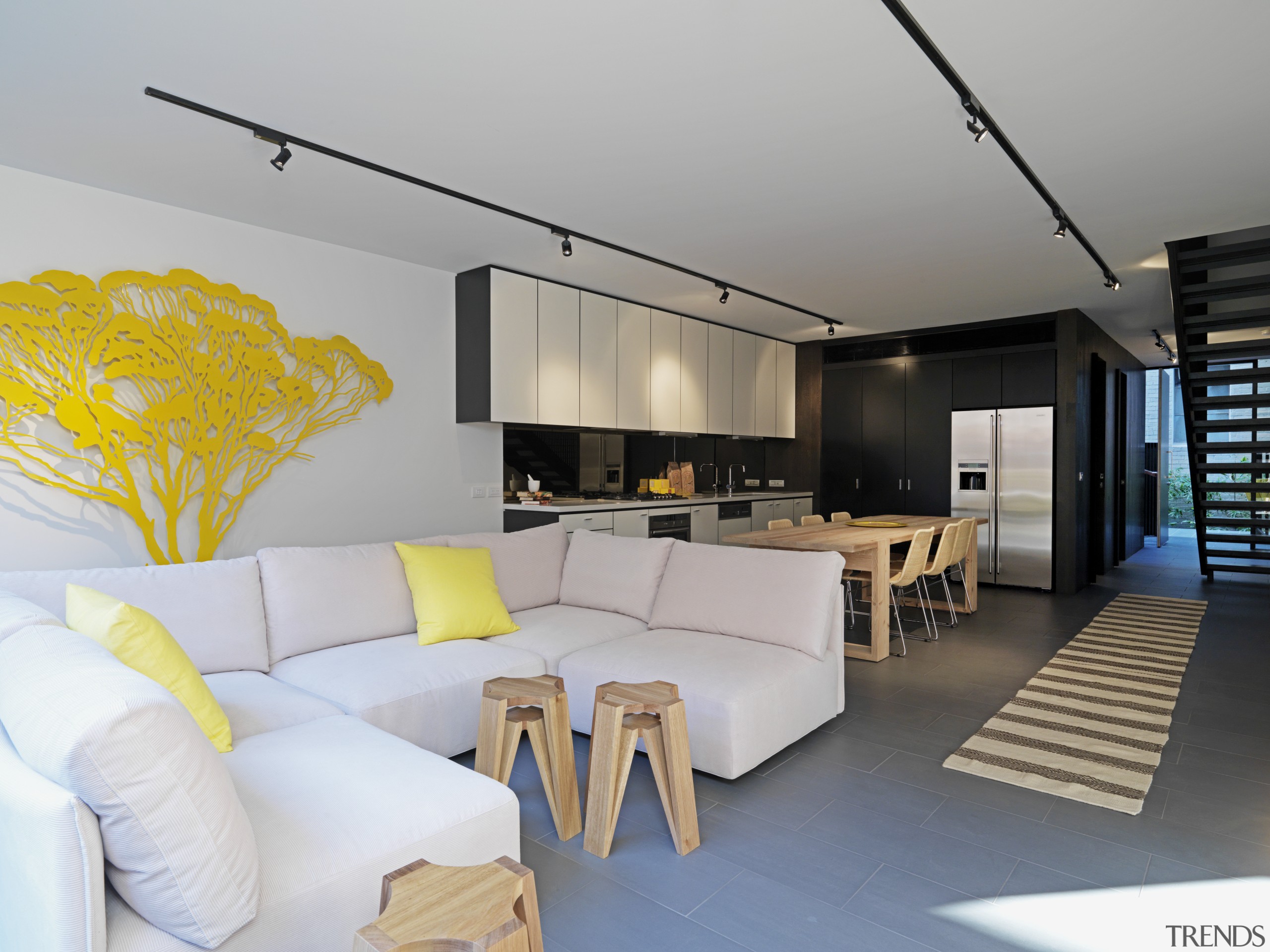 View of the living room area which features architecture, ceiling, interior design, living room, room, gray