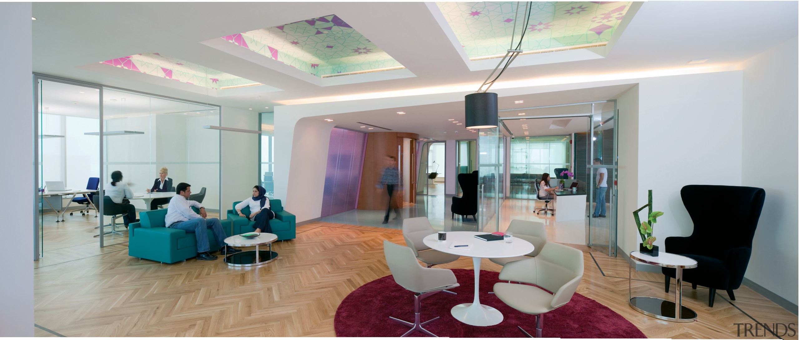 The new Zain headquarters in Bahrain reflects the ceiling, interior design, lobby, real estate, gray