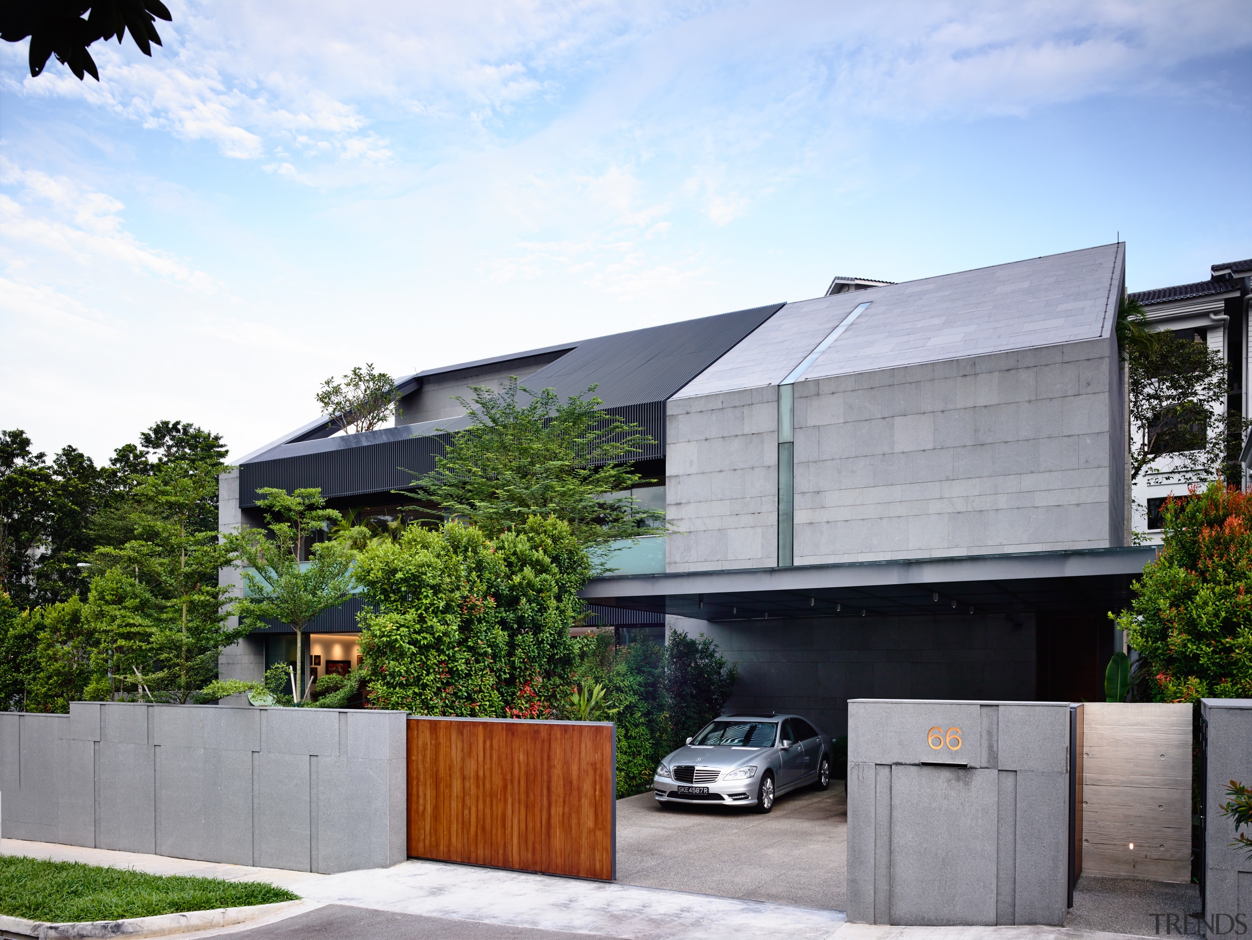 The front wing of this family home by architecture, building, corporate headquarters, facade, home, house, property, real estate, residential area, roof, white