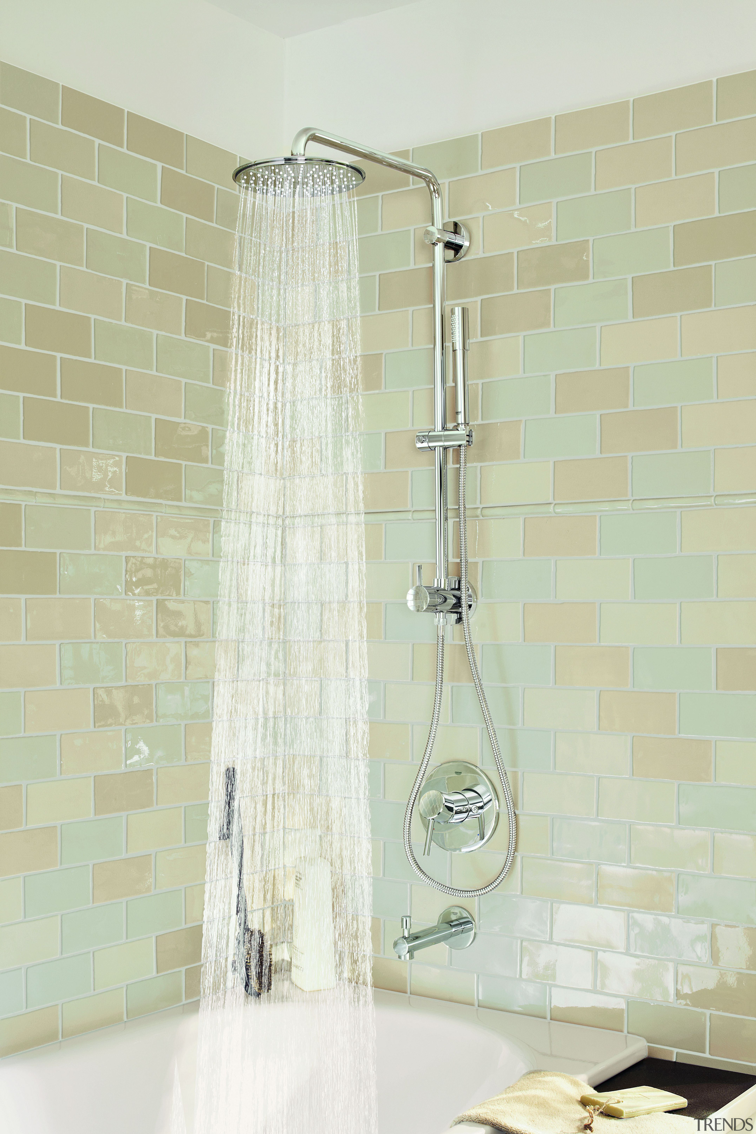 Grohe Retro-Fit Shower System - Grohe Retro-Fit Shower bathroom, floor, interior design, plumbing fixture, room, shower, tap, tile, wall, yellow