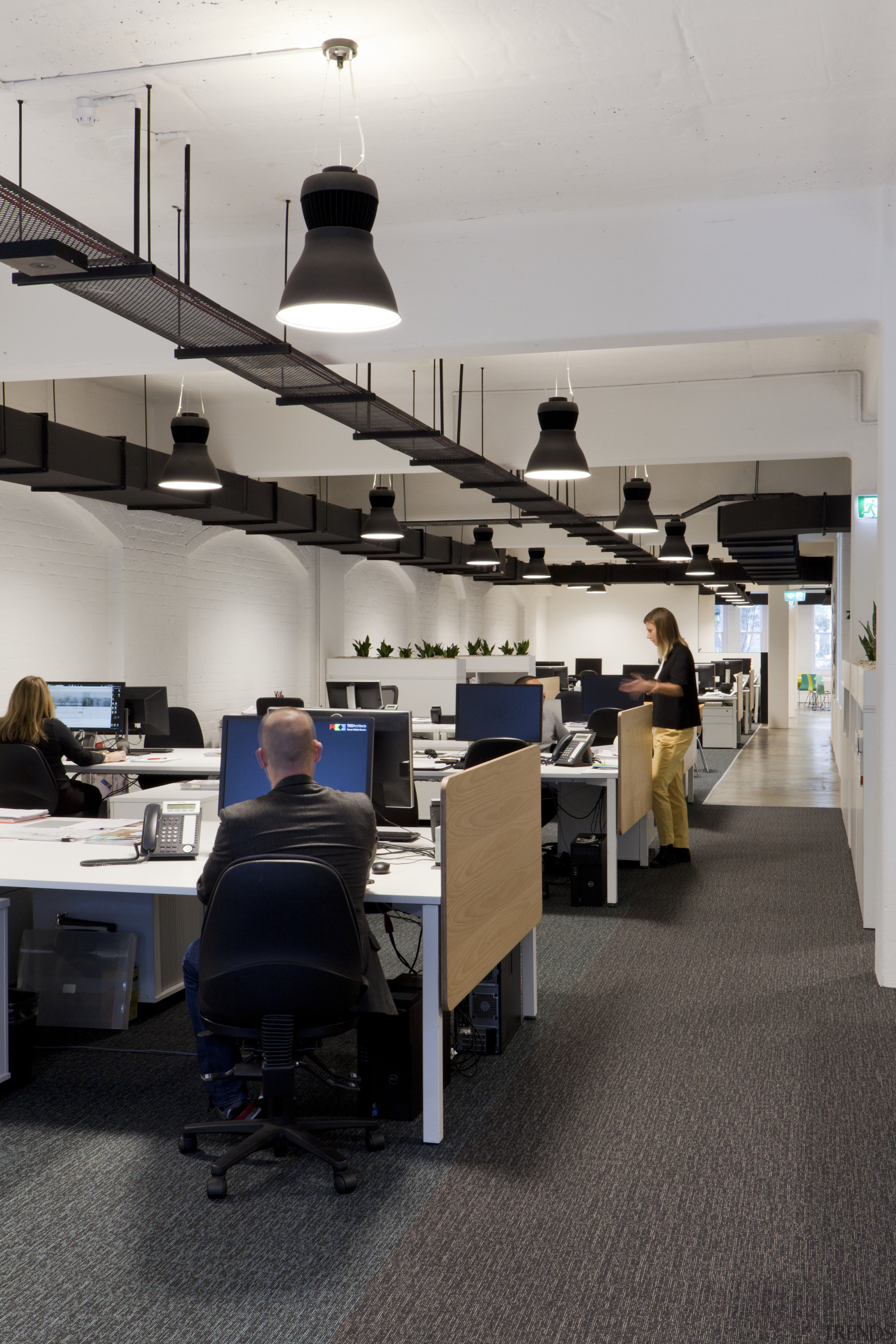 Black services and lights contrast the white walls furniture, interior design, office, product design, gray, black