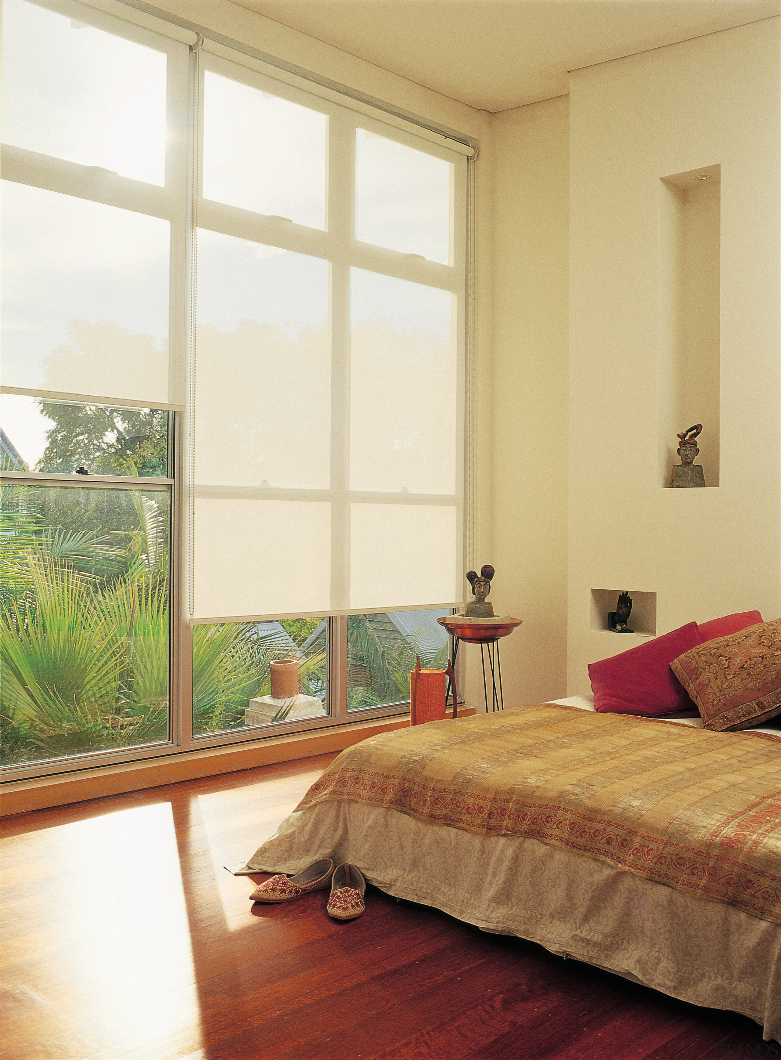 Bedroom with sunscreen blinds at windows, polished timber architecture, bed frame, bedroom, ceiling, curtain, daylighting, door, estate, floor, flooring, hardwood, home, house, interior design, laminate flooring, living room, real estate, room, shade, textile, wall, window, window blind, window covering, window treatment, wood, wood flooring, white, orange