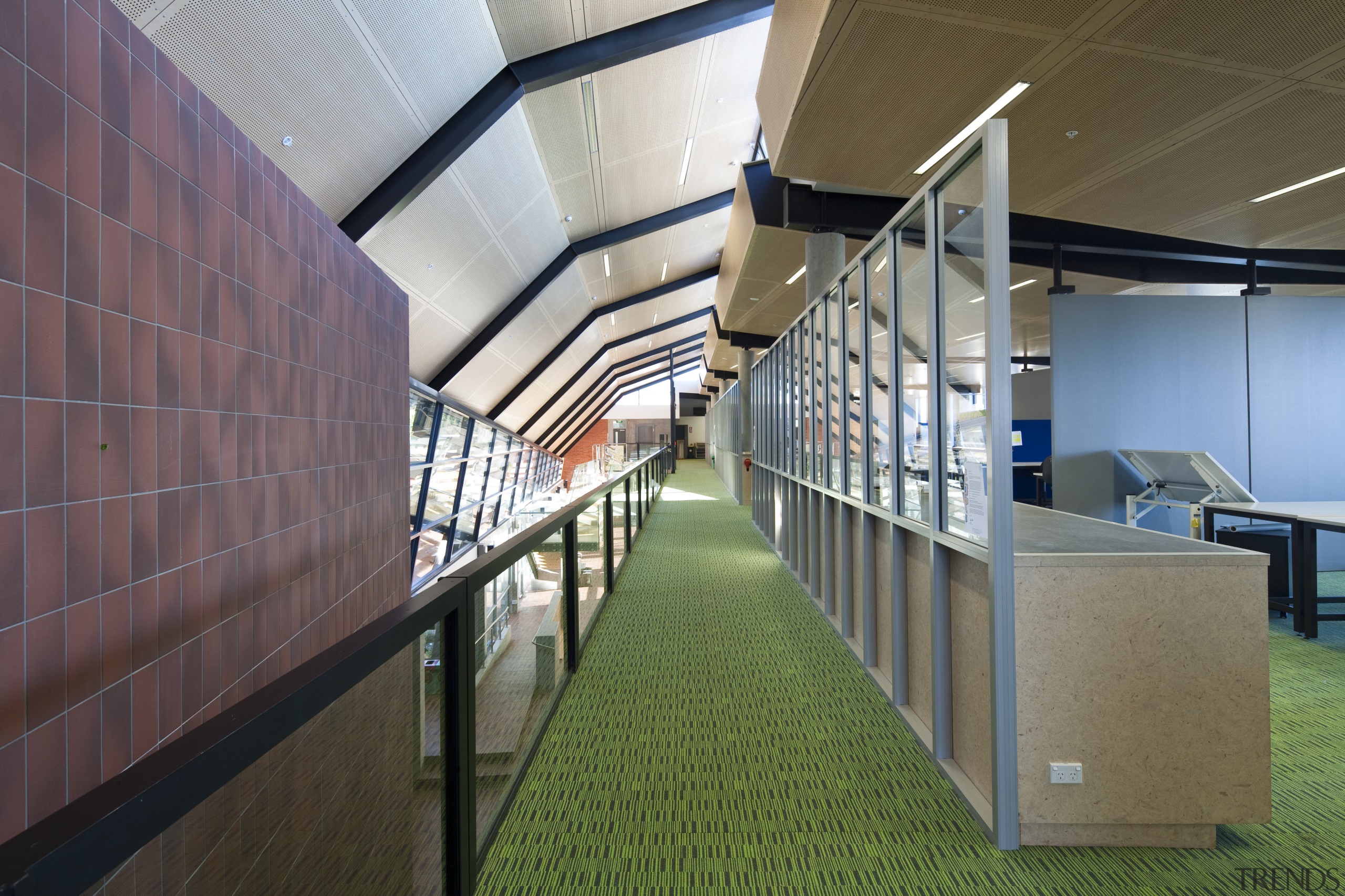 View from the top looking down the hallway architecture, ceiling, daylighting, handrail, leisure centre, structure, gray