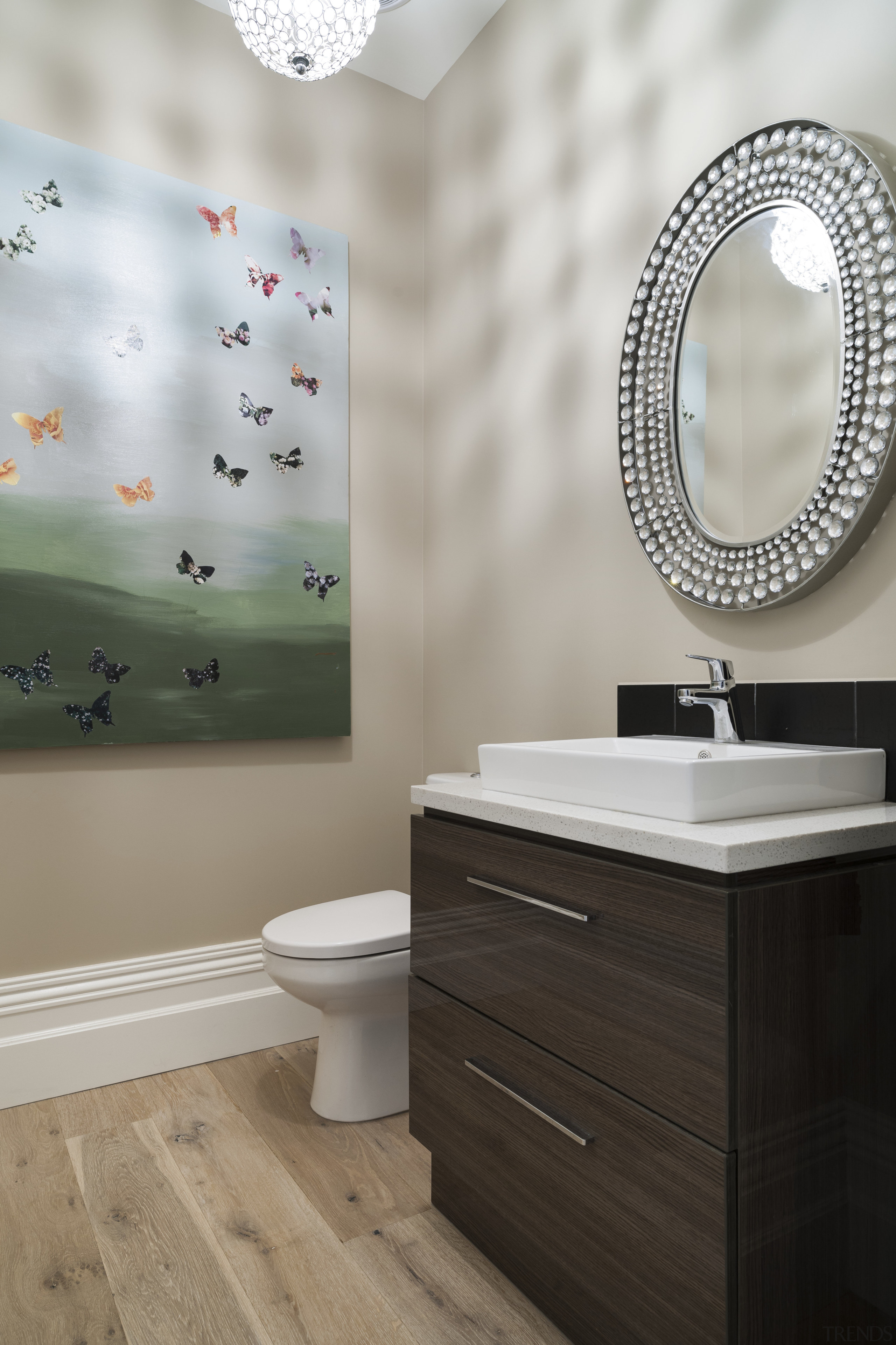 Neutral walls and engineered timber flooring that feature bathroom, bathroom accessory, bathroom cabinet, bathroom sink, ceramic, floor, interior design, plumbing fixture, product, product design, room, sink, tap, tile, wall, gray