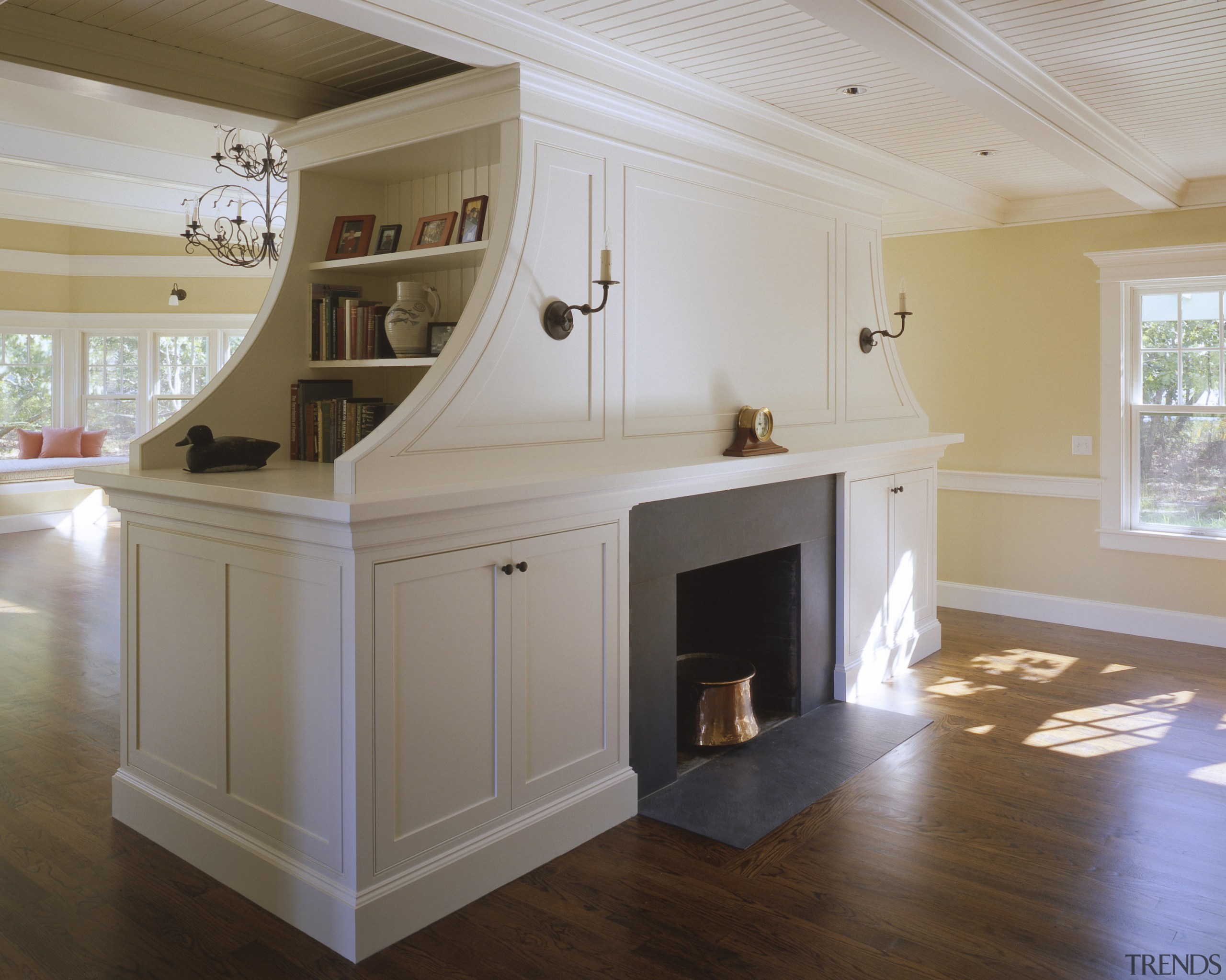 View of fireplace in the formal living room, cabinetry, countertop, floor, flooring, furniture, hardwood, home, interior design, kitchen, room, table, wood, wood flooring, gray, brown