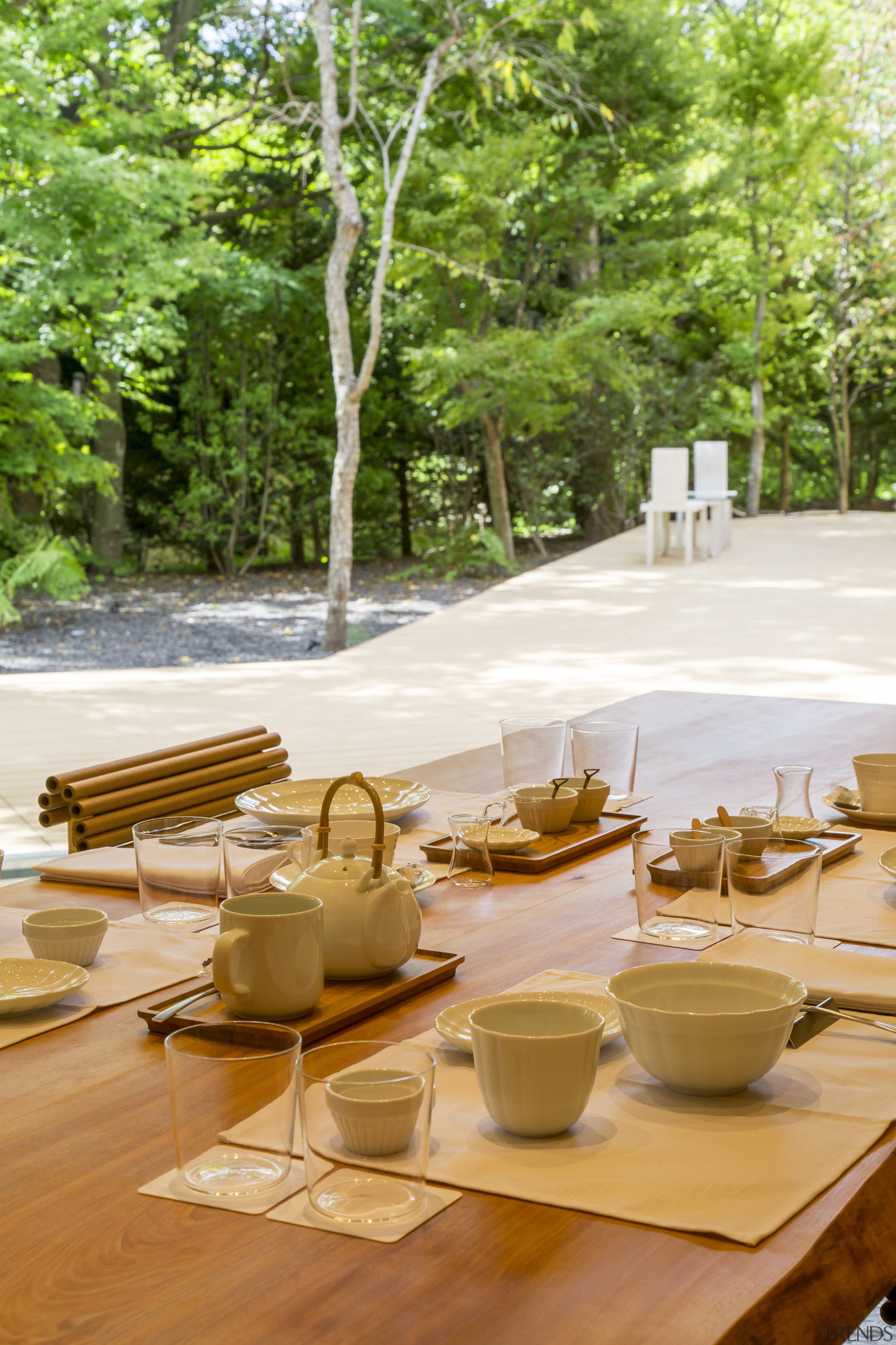 Shishi-iwa Grandroom – view of garden. - Shishi-iwa chair, furniture, home, interior design, picnic table, property, room, table, tree, yellow, brown