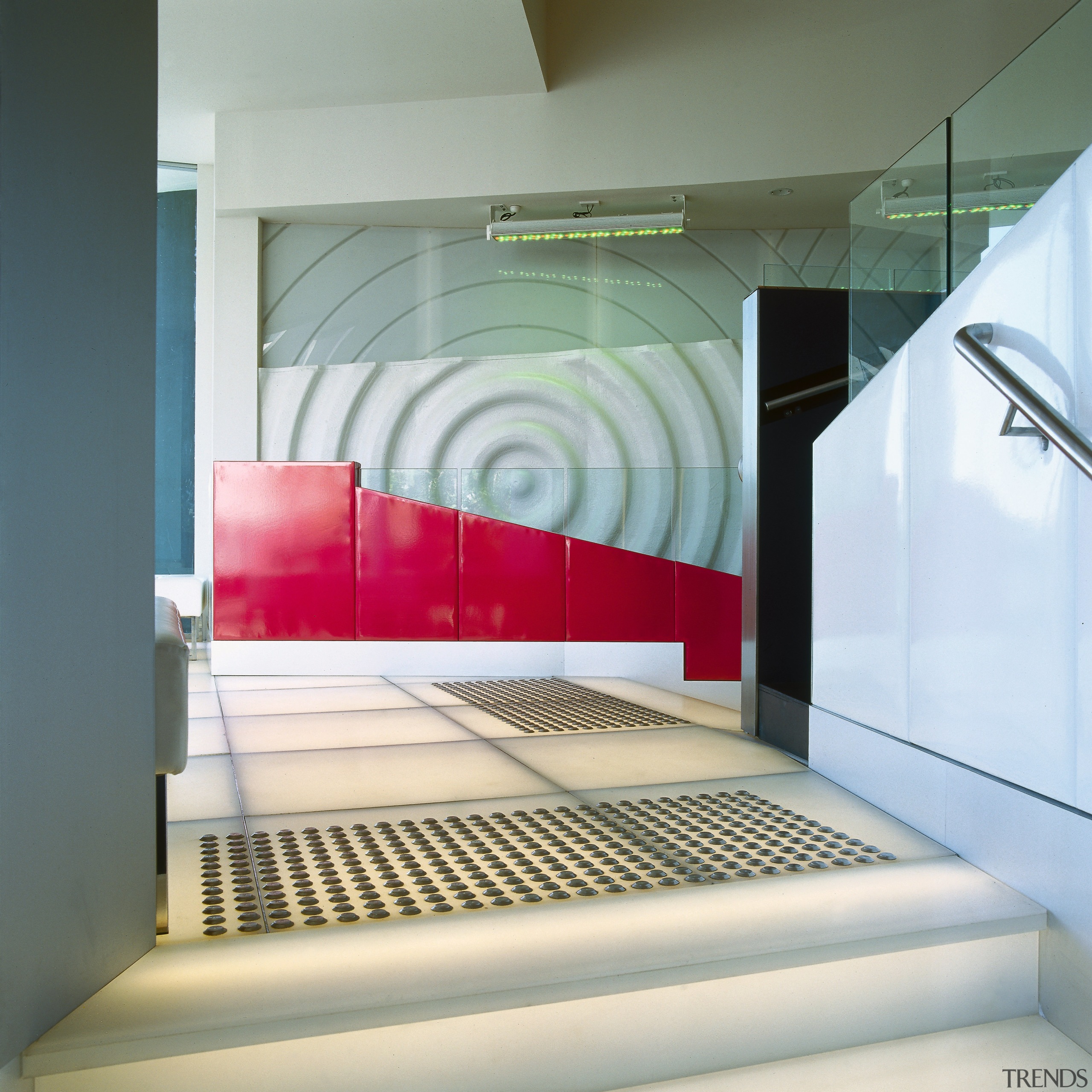 View of lounge area of hotel with glass architecture, glass, interior design, product design, gray, white