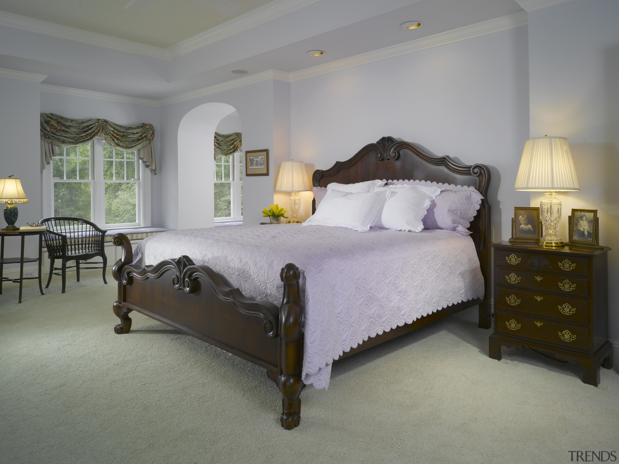 A view of the master bedroom, carpet, wooden bed, bed frame, bedroom, ceiling, estate, floor, furniture, home, interior design, mattress, room, wall, gray