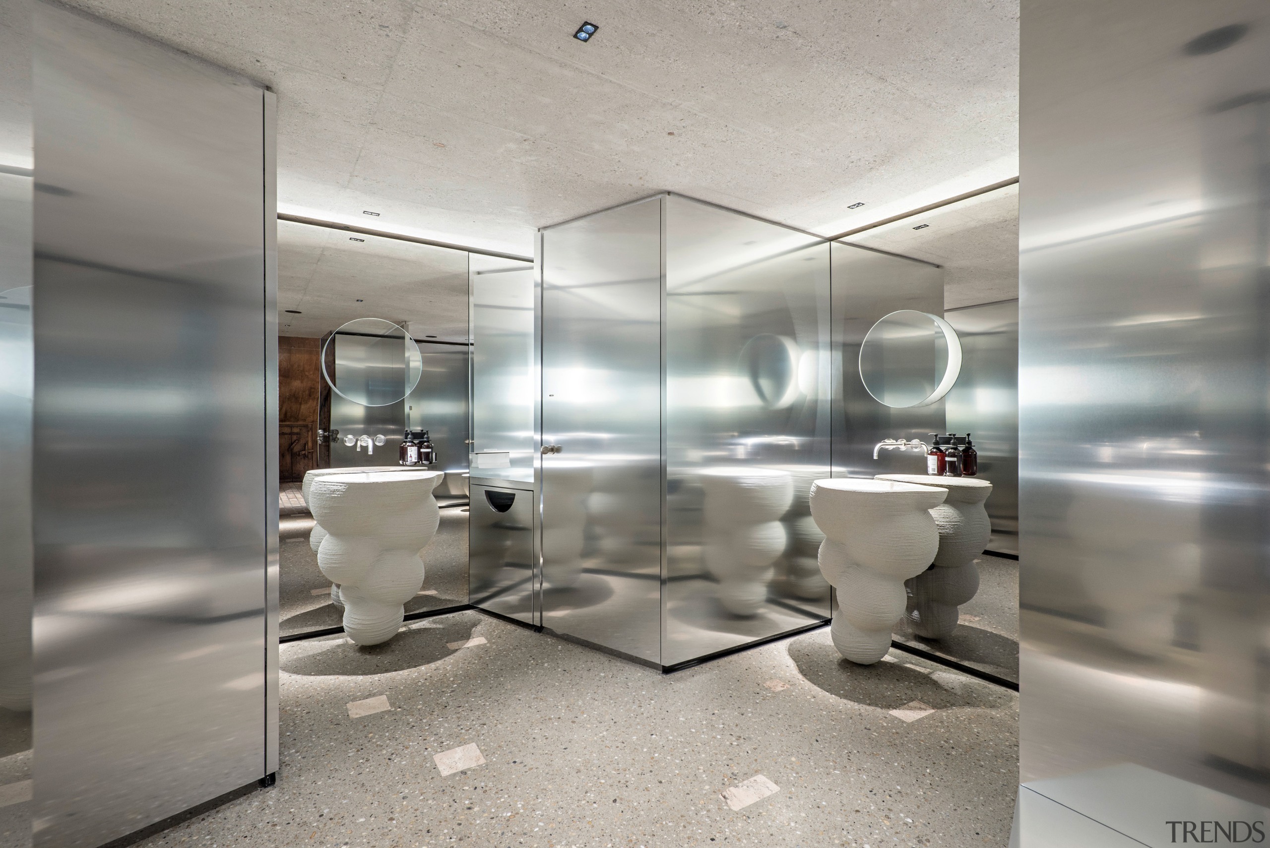 The lady's powder room features 3D-printed washbasins. 