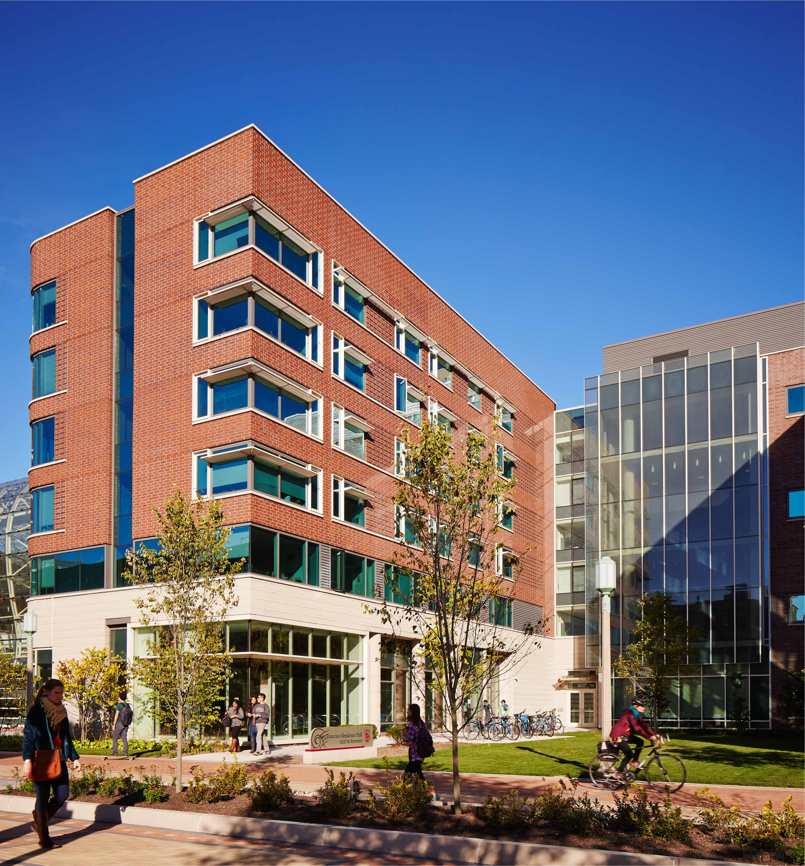 San Francisco Residence Hall at left continues the apartment, architecture, building, campus, city, commercial building, condominium, corporate headquarters, daytime, downtown, elevation, facade, headquarters, home, house, metropolitan area, mixed use, neighbourhood, property, real estate, residential area, sky, tower block, urban area, window, blue