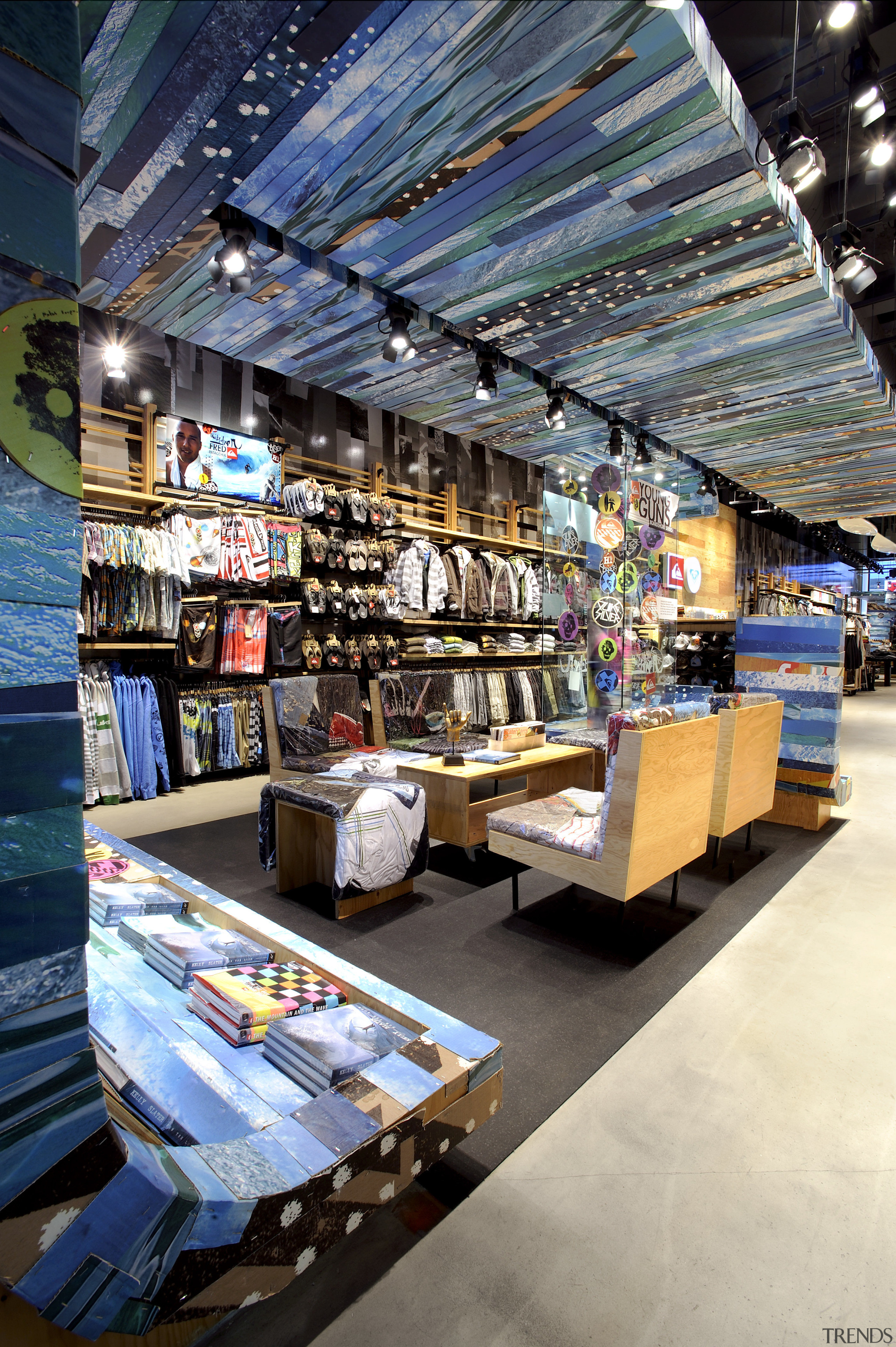 View of the clothing displays including curved panels retail