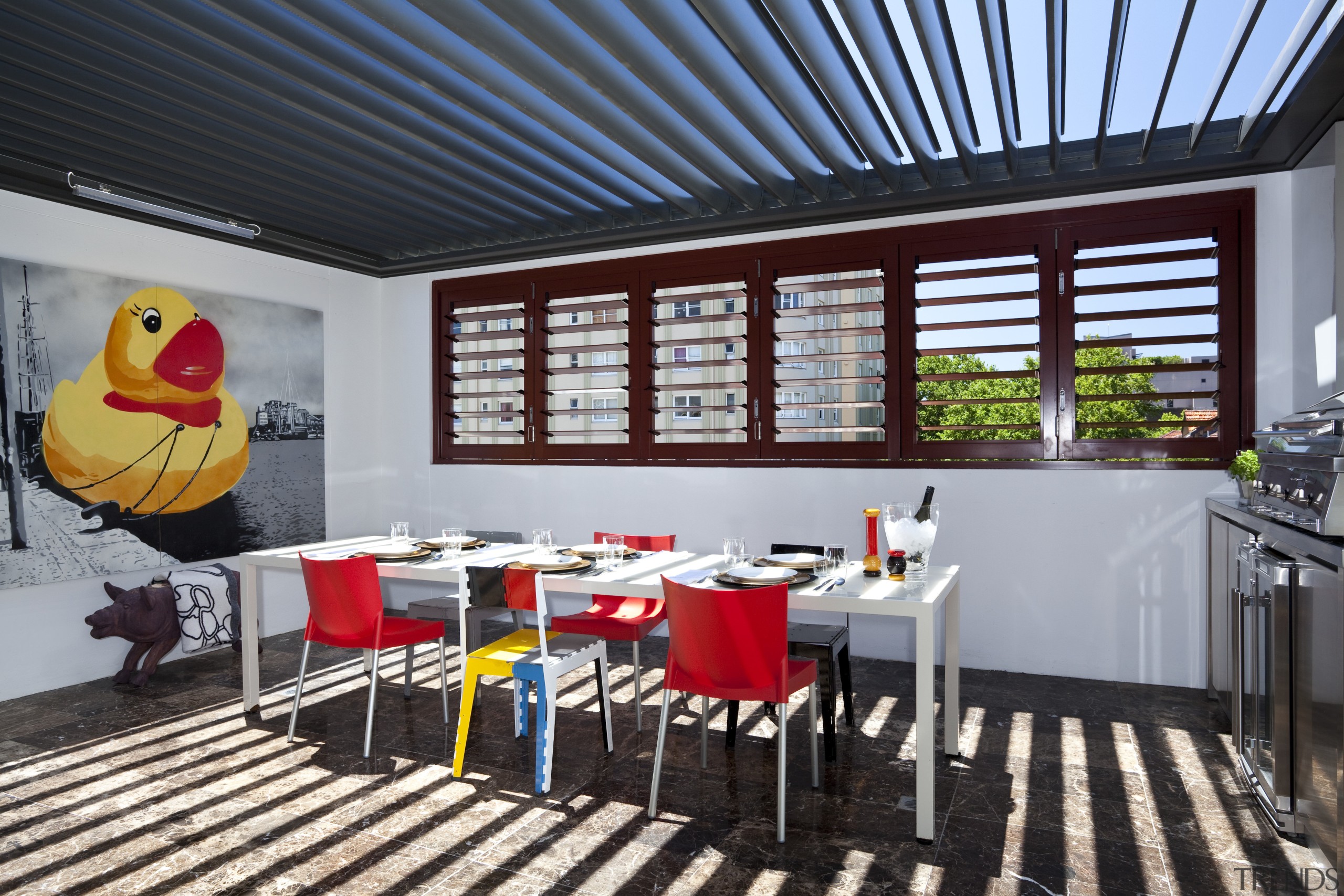 View of outdoor table with red seats and interior design, real estate, restaurant, table, black, gray