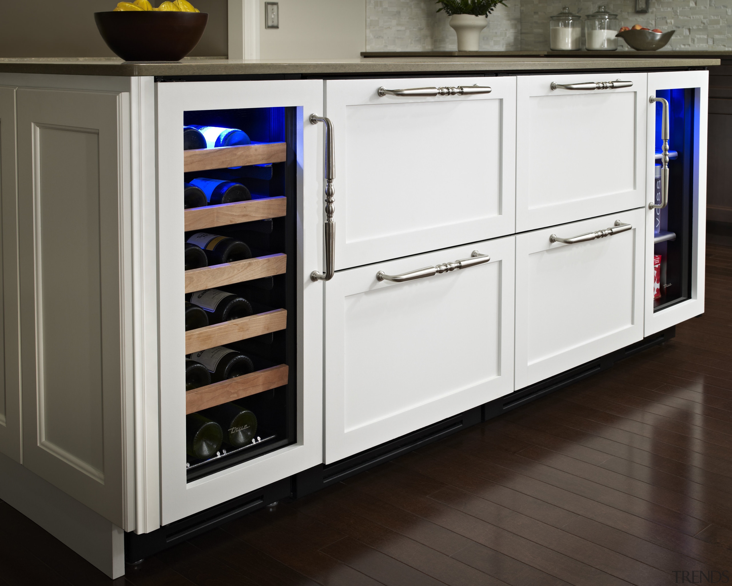 Wine refrigerator from the True Professional Series, a cabinetry, countertop, home appliance, kitchen, kitchen appliance, major appliance, refrigerator, room, white, black