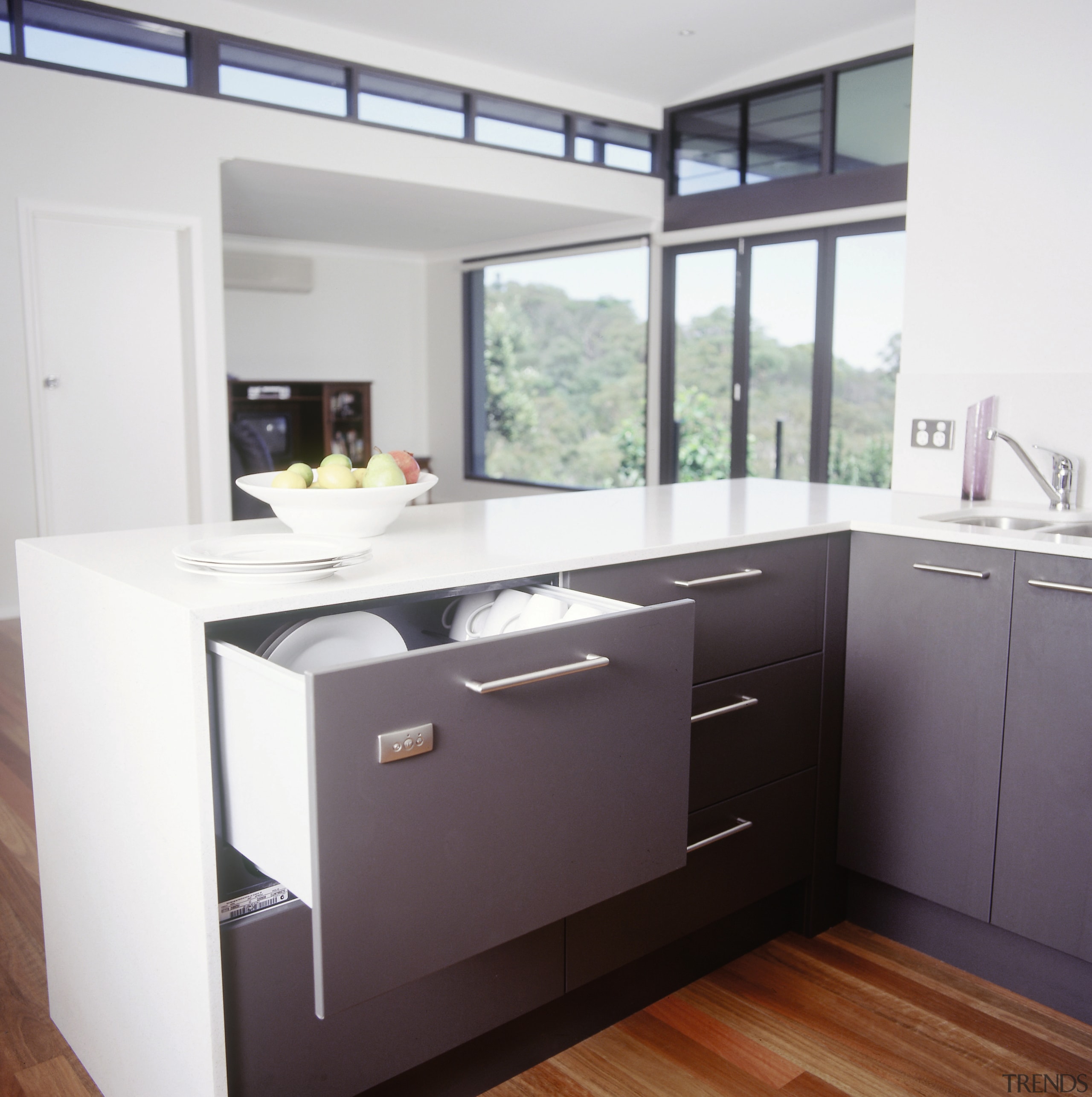 View of the integrated Fisher &amp; Paykel DishDrawers cabinetry, countertop, home appliance, interior design, kitchen, room, white