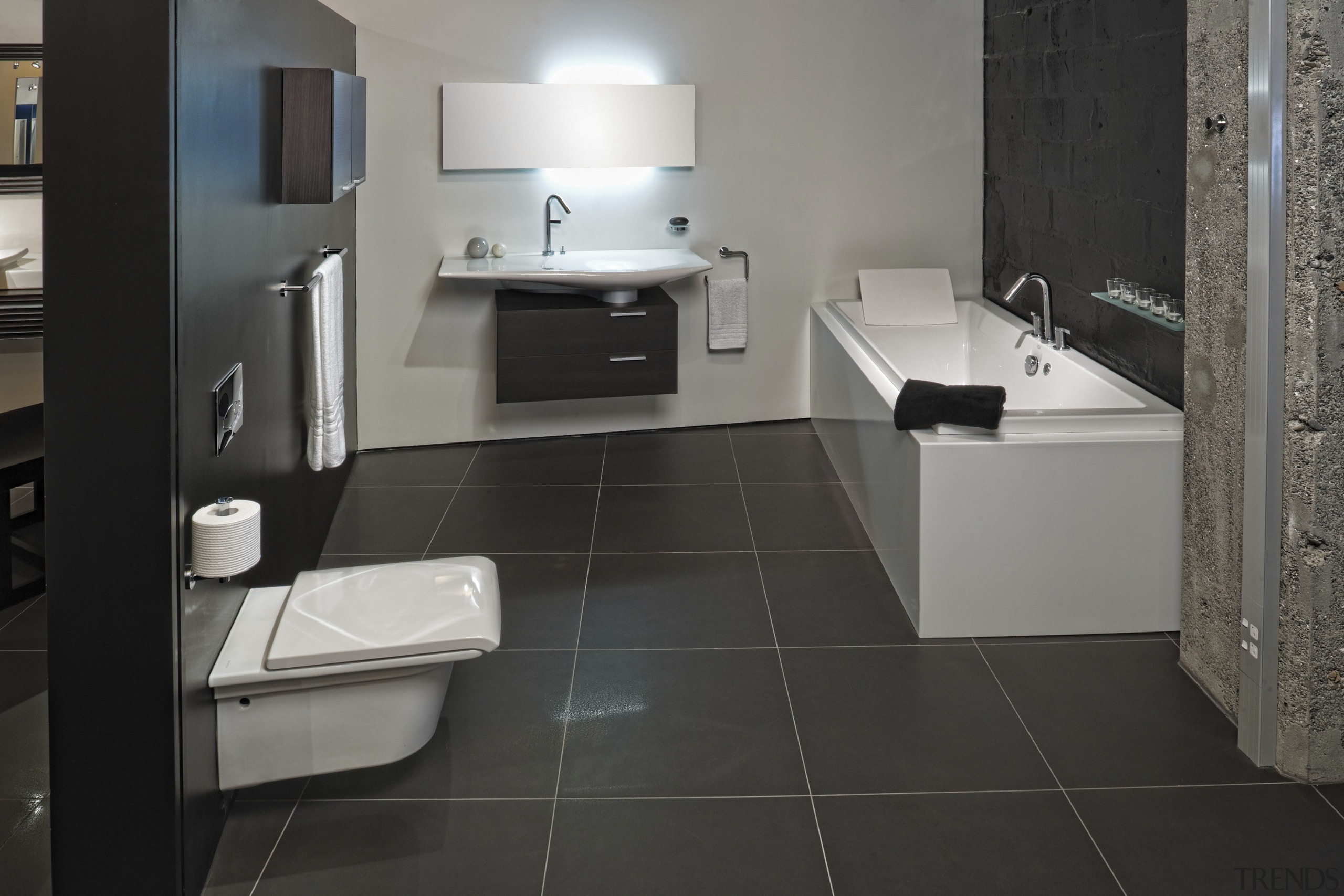 View of bathroom suites. - View of bathroom bathroom, countertop, floor, flooring, interior design, product design, room, sink, tile, wood flooring, black, gray