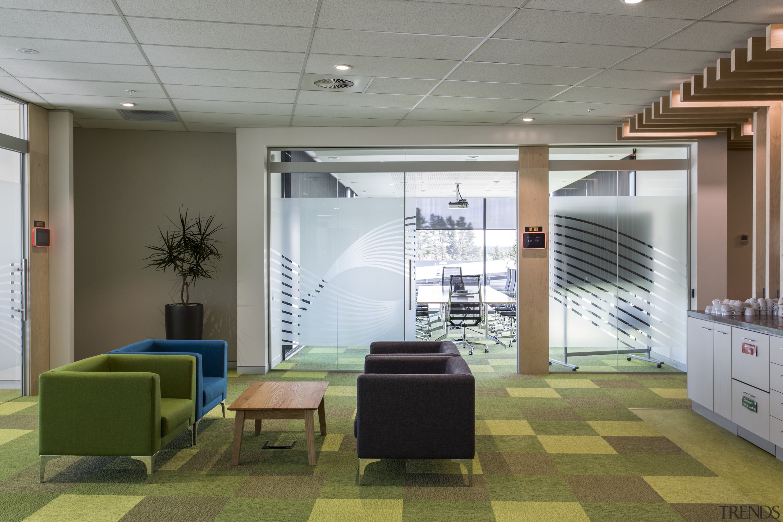 In the fit-out of the Synlaits new admin ceiling, interior design, lobby, office, gray, brown