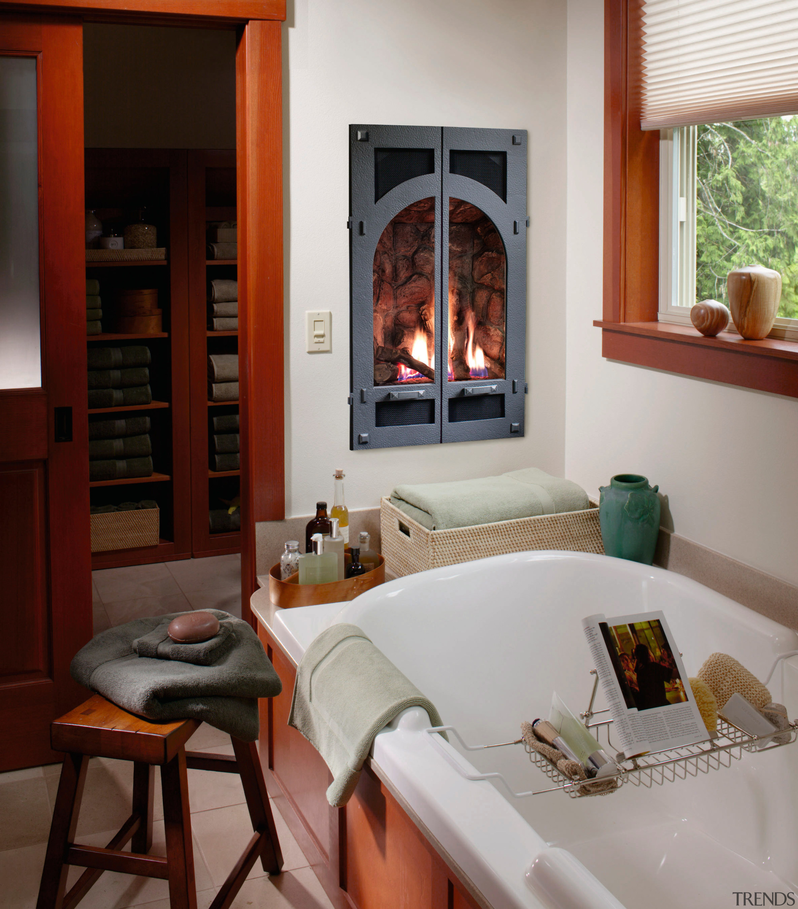 View of the bathroom installed with a Travis furniture, hearth, home, interior design, living room, room, table, window, gray