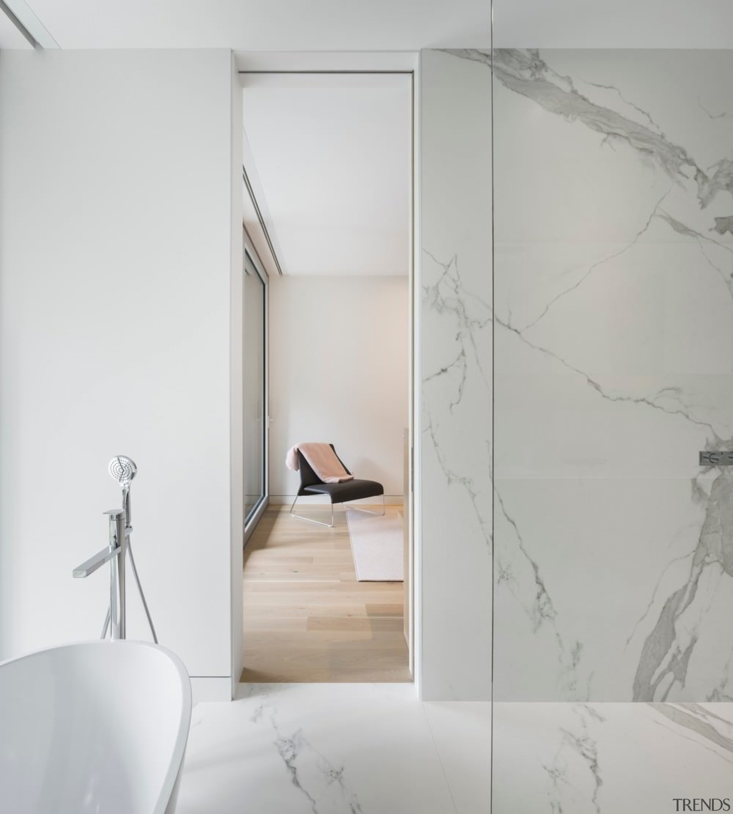 Step from the master bedroom into the marble angle, architecture, bathroom, floor, glass, house, interior design, plumbing fixture, product design, tap, tile, wall, gray, white